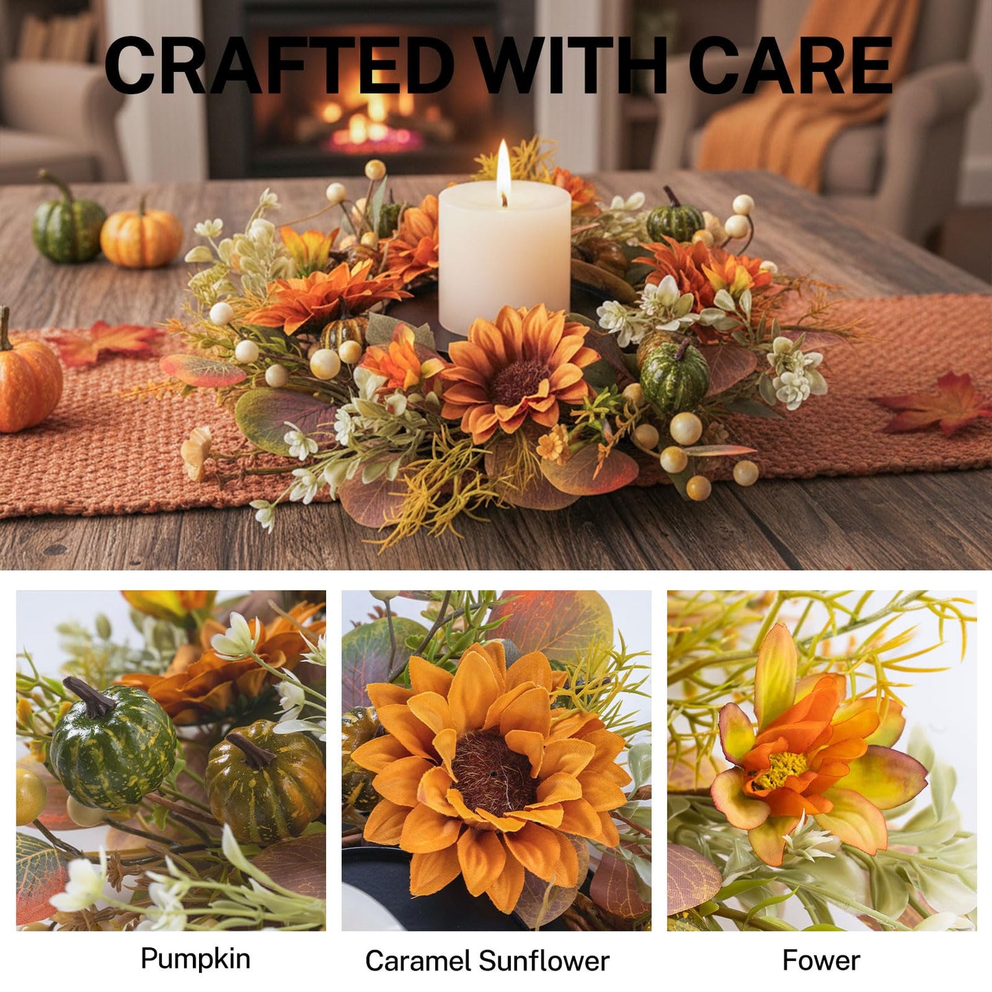 MOYEE Autumn Candle Holder Centerpieces for Tables,Candle Ring, Black Metal Candlestick with an Artificial Wreath 14 in Versatile Dining Table Centrepiece (Caramel Sunflower Wreath)