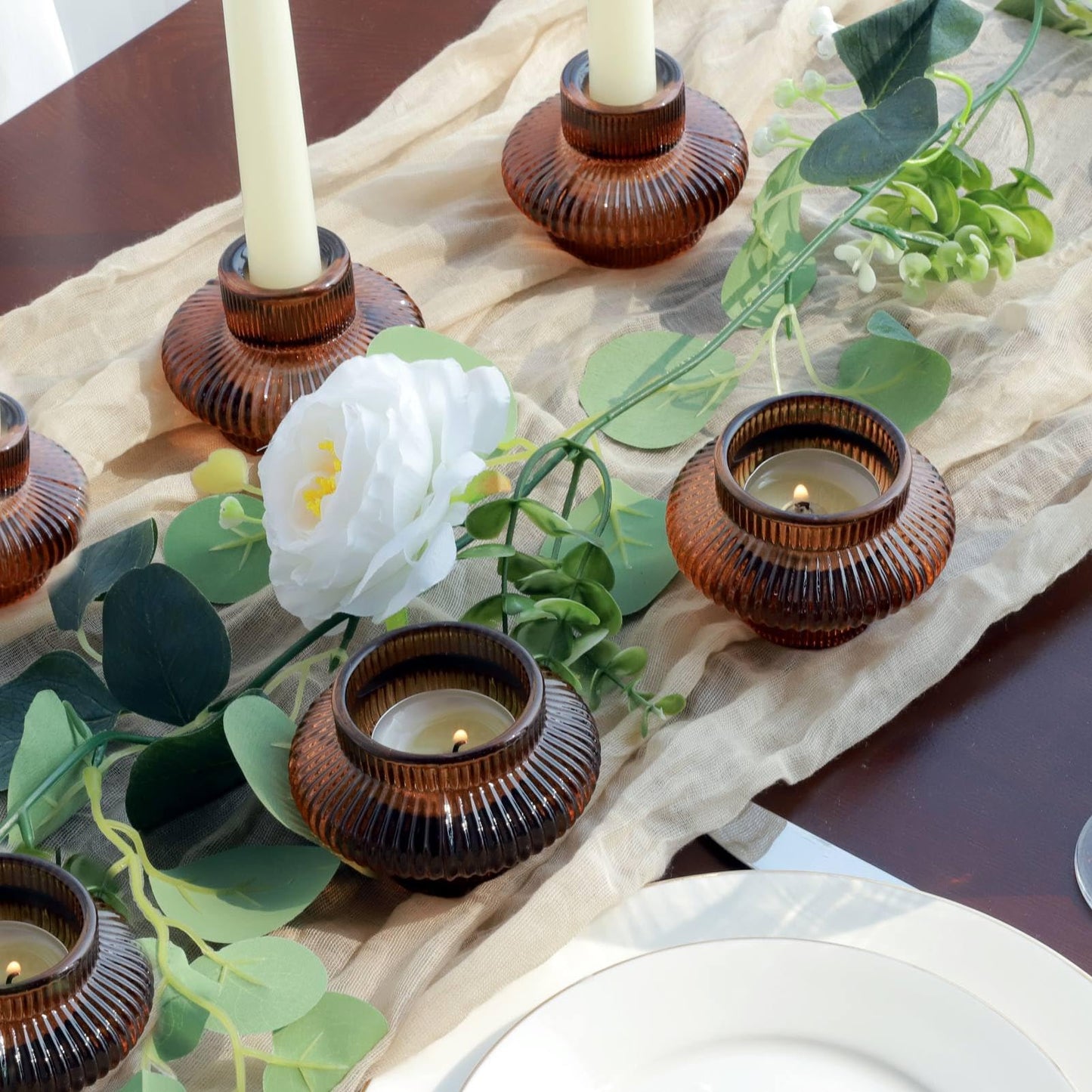 VOHO Brown Candlestick Holders Set of 6, Old Fashioned Candle Sticks Holder Decor for Daily Room/Halloween/Thanksgiving Party, Double Side Taper Candle Holders for Candlesticks/Tealight Candles(Brown)