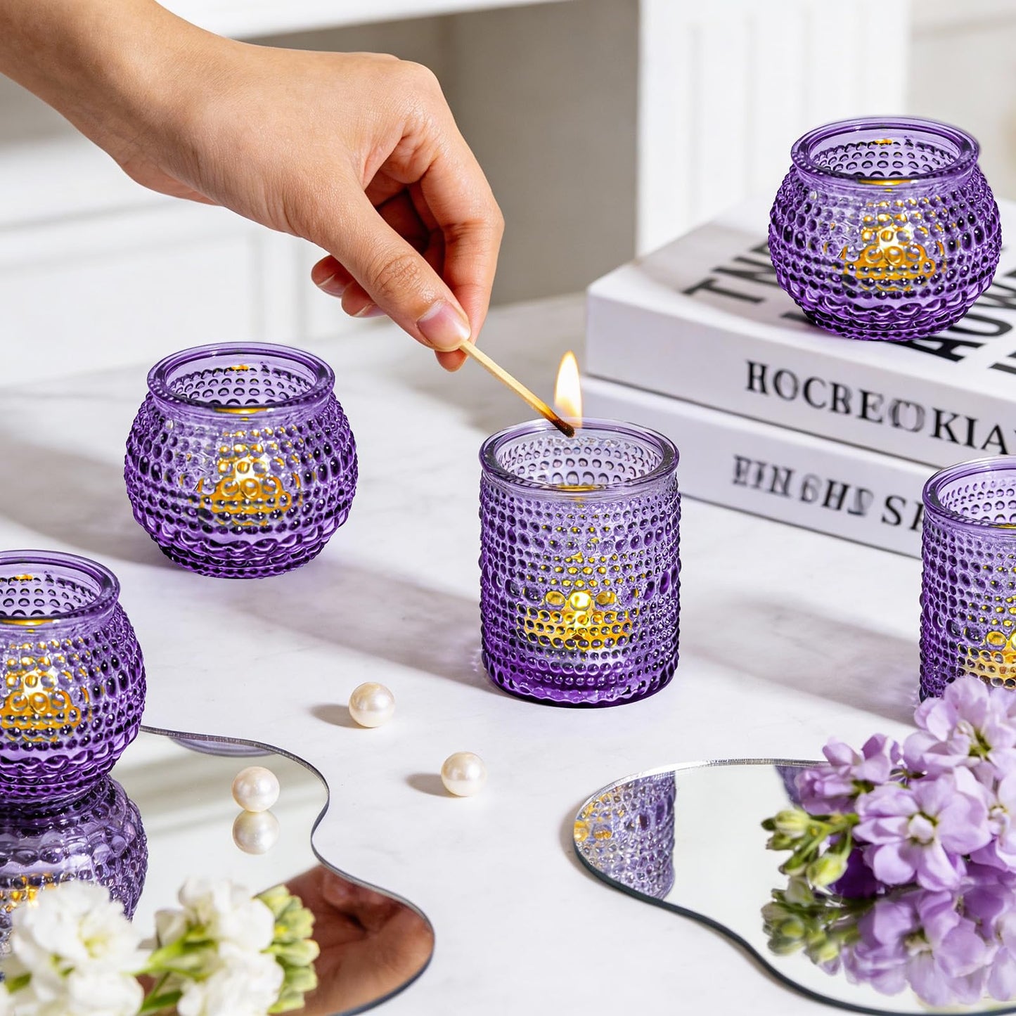 Rubtlamp Purple Votive Candle Holders Set of 24, Glass Candle Holders Bulk for Table Centerpiece, Tea Lights Candle Holder Glass for Wedding Shower, Home Party Decor