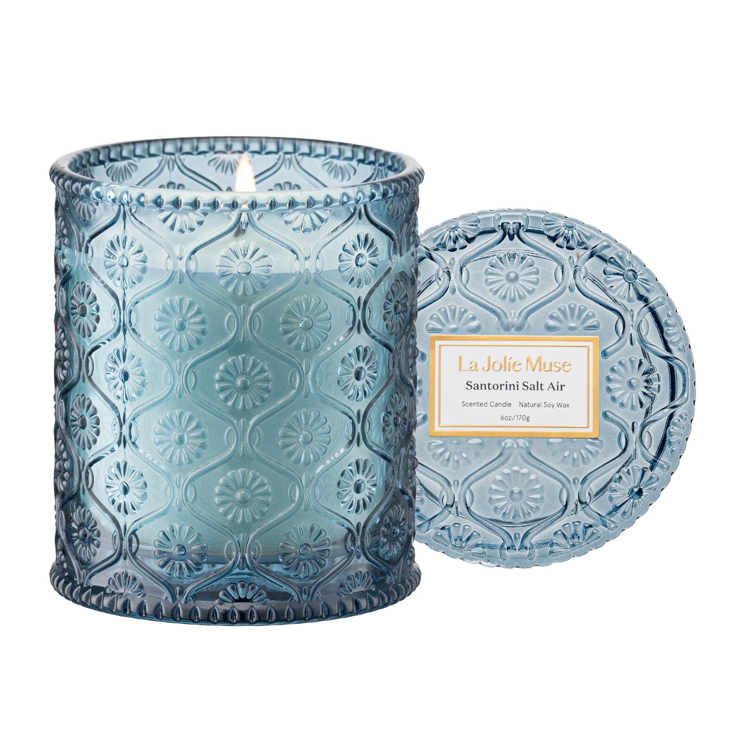 LA JOLIE MUSE Santorini Salt Air Candle - Bergamot, Sea Daffodil, Sandalwood | 6 oz Natural Soy Wax | 40 Hours Clean Burn | Ocean Scented Candle | Gift-Ready for Hosts & Gatherings