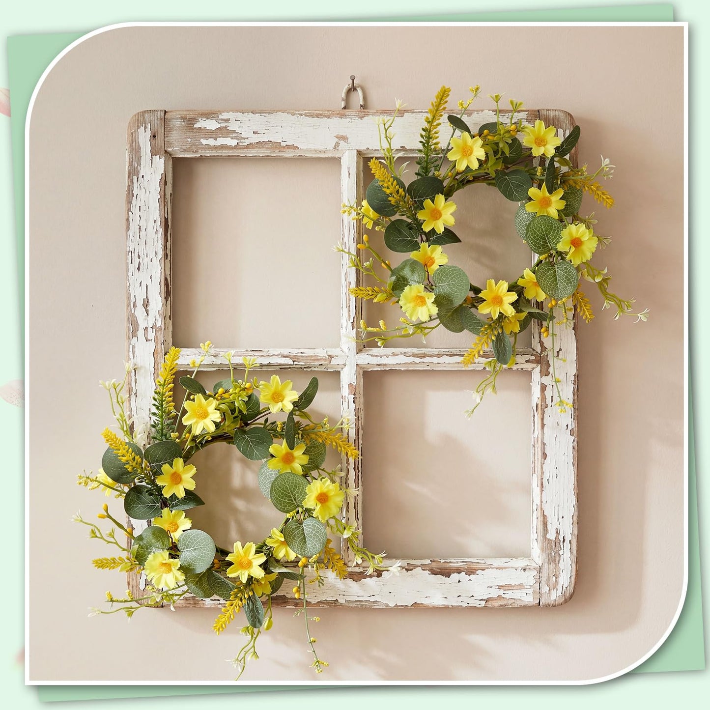 Yunlly 4 Pcs Artificial Daisy Candle Rings Wreaths, Yellow Flower Wreaths with Eucalyptus and Berry Greenery Garland with LED Flameless Candles for Spring Summer Easter Wedding Home Table Decor