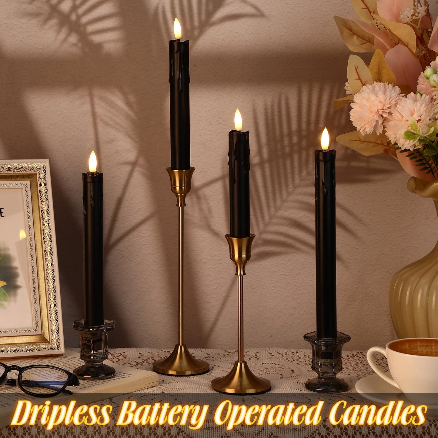 Macarrie 24 Pcs Black Flameless Taper Candles LED Battery Operated 6.5'', 7.7'', 8.8'', 10'' 3D Flickering Flame Candlesticks Drip Wax Shaped Candle for Wedding Anniversary Party Decoration