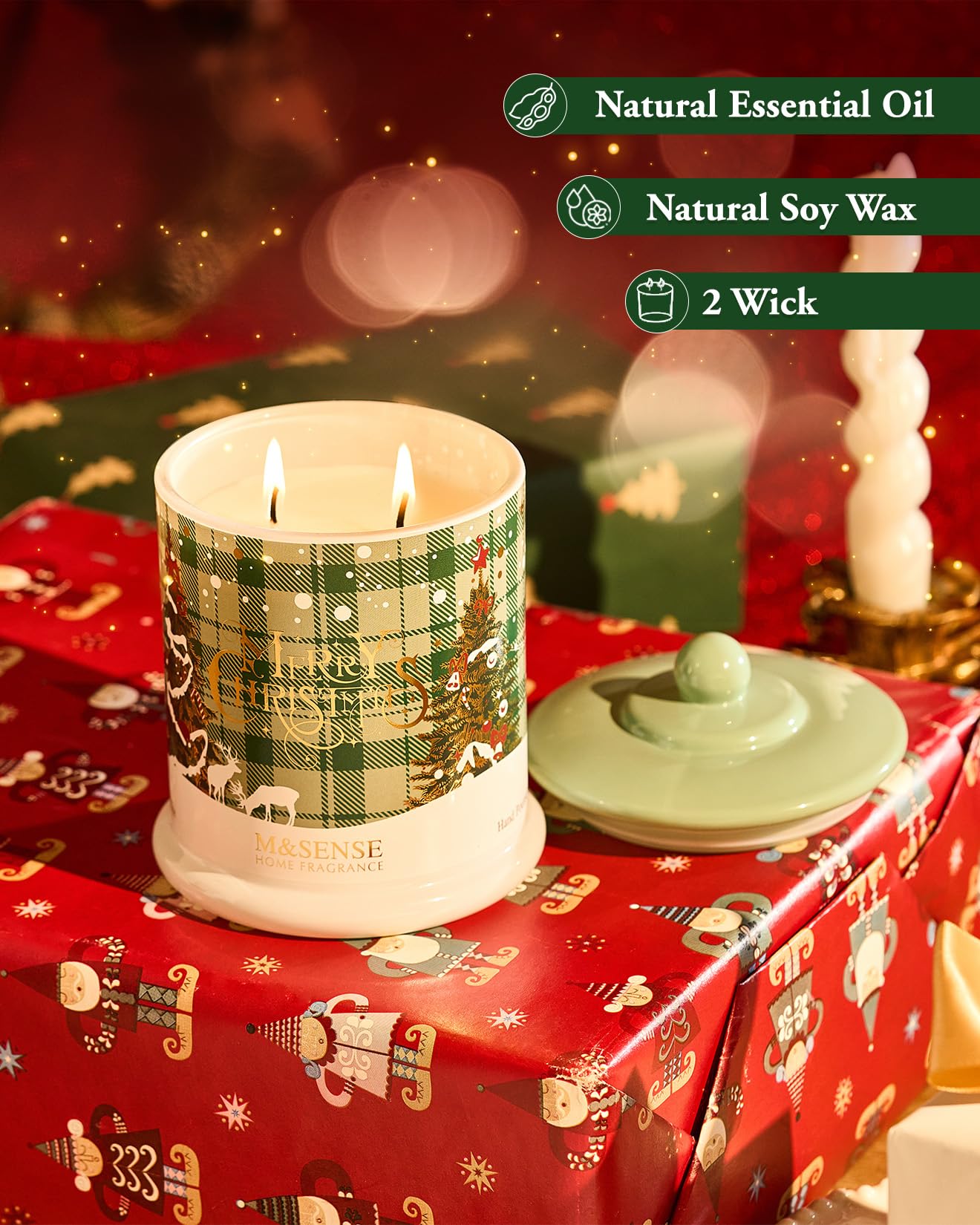 M&SENSE Fireside Cedarwood Scented,Soy Wax Candle,2 Wick 12.7oz Jar Candle,75 Hour Long Lasting Slow Burning, Soy Organic Wax Non Toxic,Aromatherapy Candle Gift for Christmas