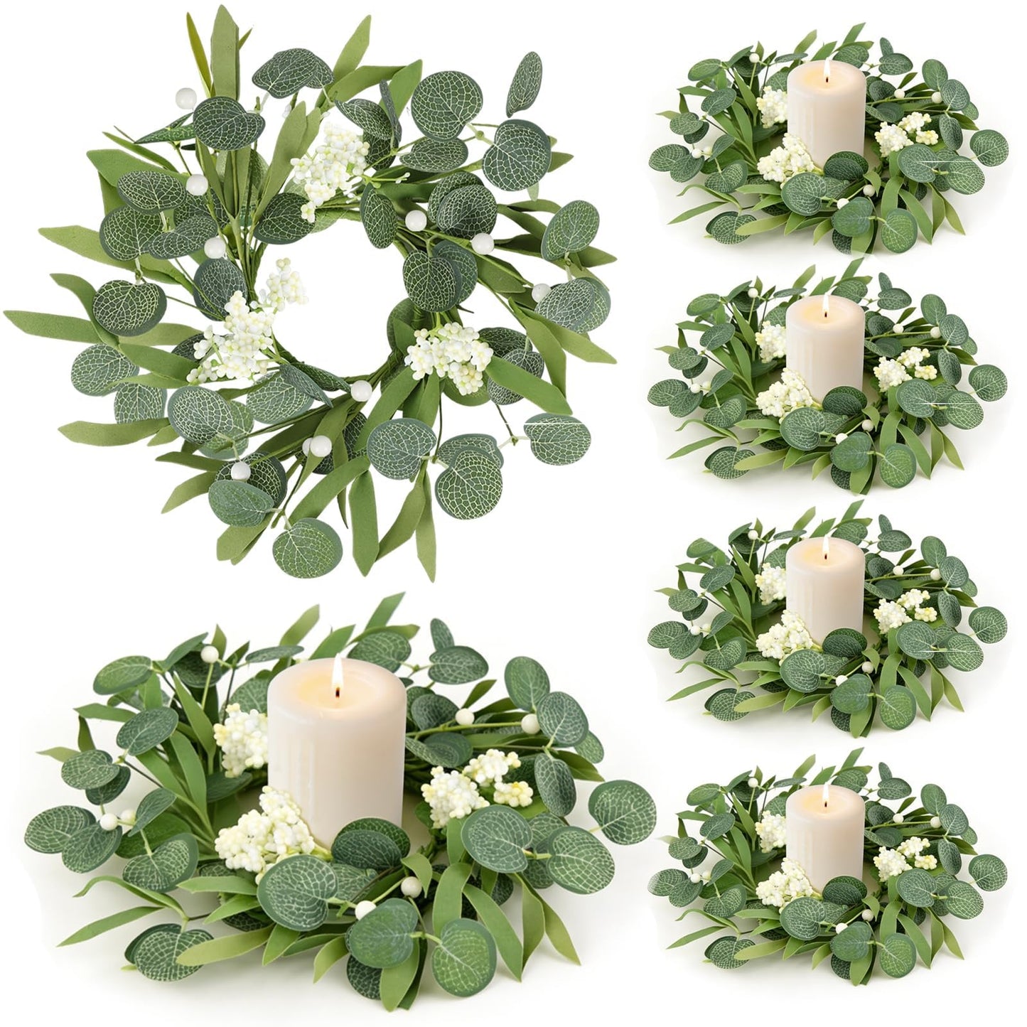6 Pcs Green Artificial Eucalyptus Candle Rings Wreaths Mini Green Summer Kitchen Cabinet Wreath Table Centerpieces with White Berry for Pillars Farmhouse Porch Front Door Wedding Decor
