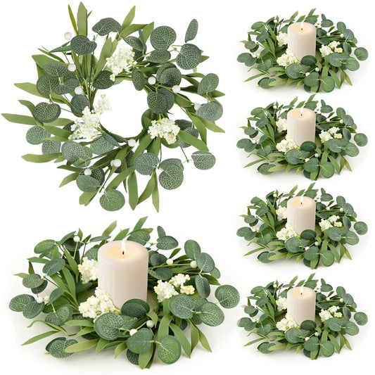 6 Pcs Green Artificial Eucalyptus Candle Rings Wreaths Mini Green Summer Kitchen Cabinet Wreath Table Centerpieces with White Berry for Pillars Farmhouse Porch Front Door Wedding Decor