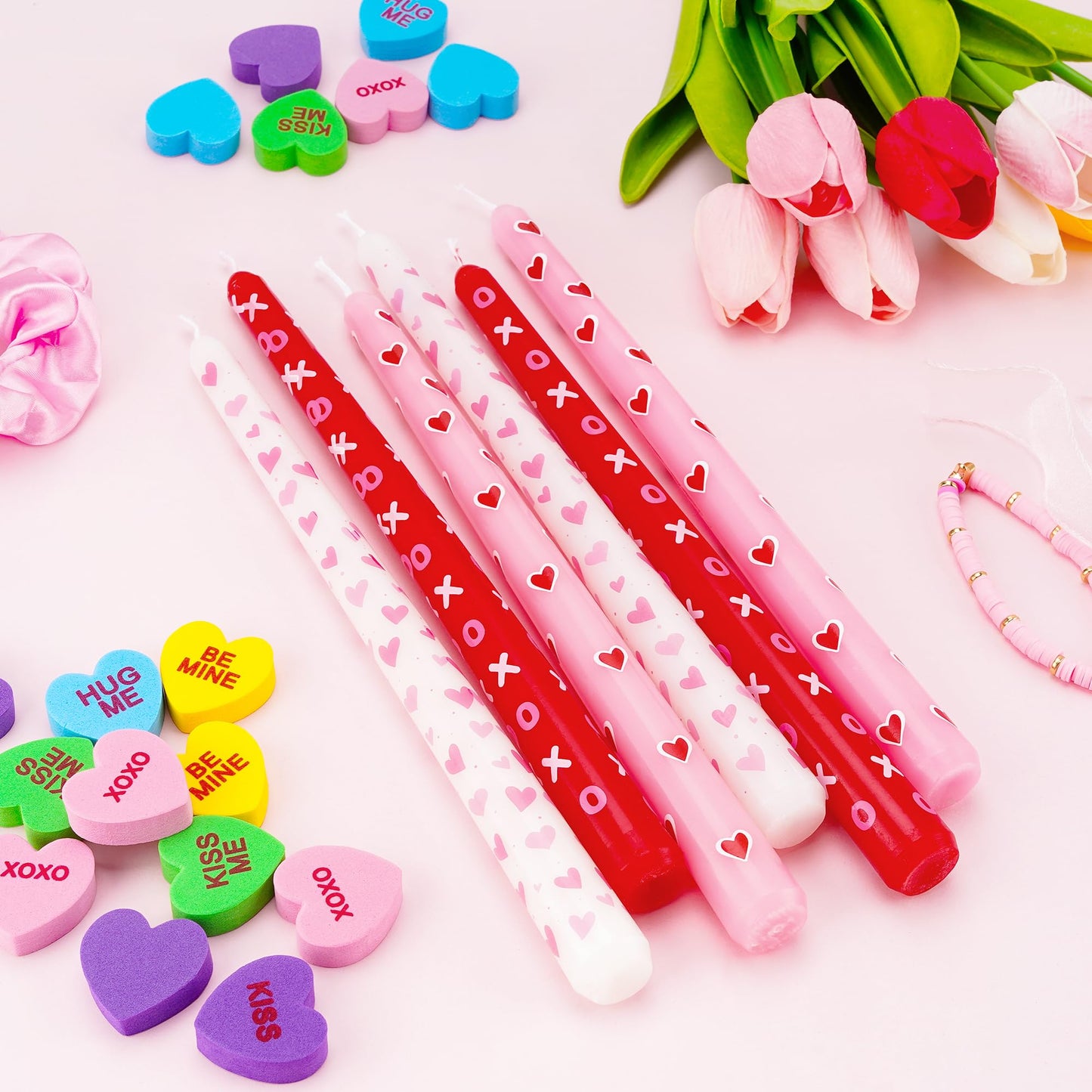 12 Pcs Valentine's Day Taper Candles 10 Inch Heart Shaped Candles with 3 Style Red Pink White Decorative Candle Sticks for Valentine Wedding Anniversary Dinner Table Home Decor
