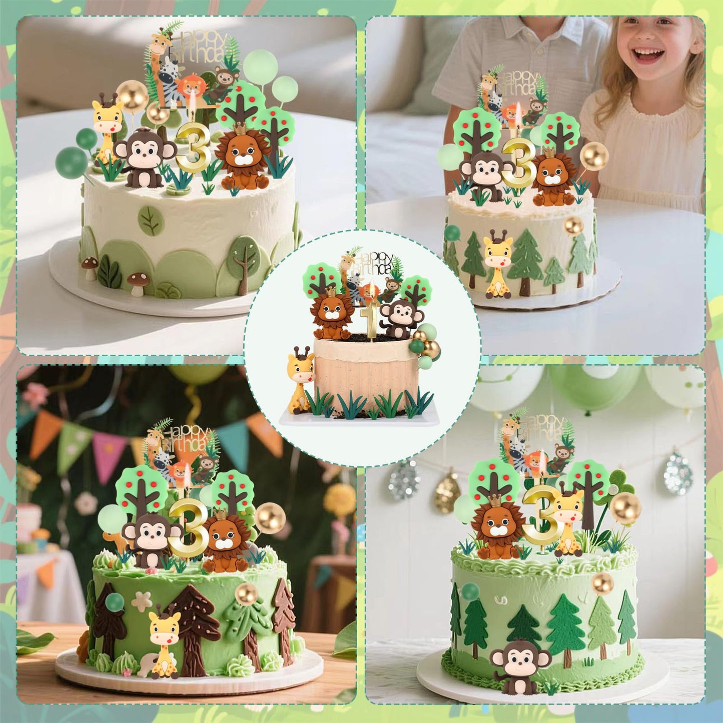3st Birthday Safari Cake Toppers Set - 3D Lion, Monkey, Giraffe with Number 3 Candle, 8 Grass, Trees & Balls - 21PCS Jungle Animal Cake Decorations Kit for Boys Girls 3 Year Old Party (3st)