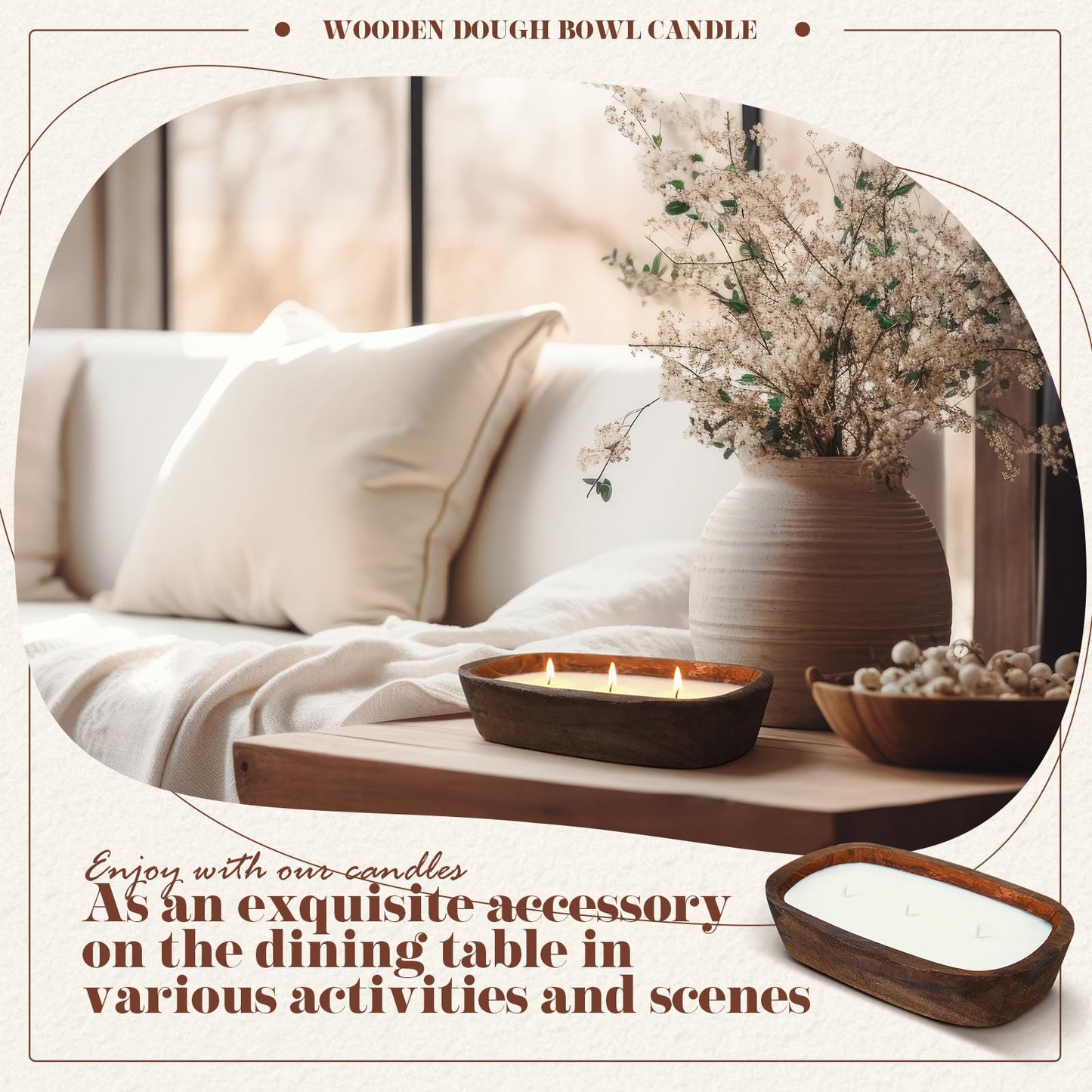 Threlaco 2 Pack Wood Dough Bowl Candle Jar Candle Decorative with Wick Scented Candles Soy Gifts for Men Women Farmhouse Table Centerpiece Home(Hot Cocoa)