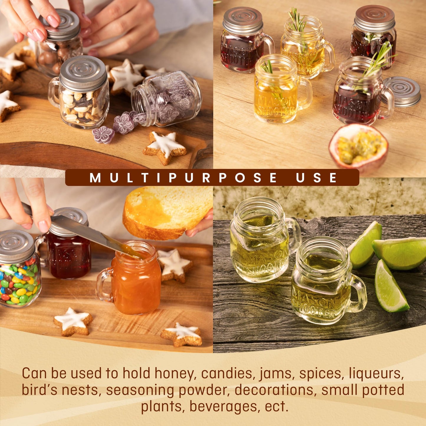 Small Mason Jar Shot Glasses with Lids (8pc Set) 2oz Tiny Glass Jars with Handles for Adult Party Favors, Juice, Alcohol, Unique Funny Shot Glass, Moonshine Shooter, Cute Mini Beer Mug, Christmas Gift