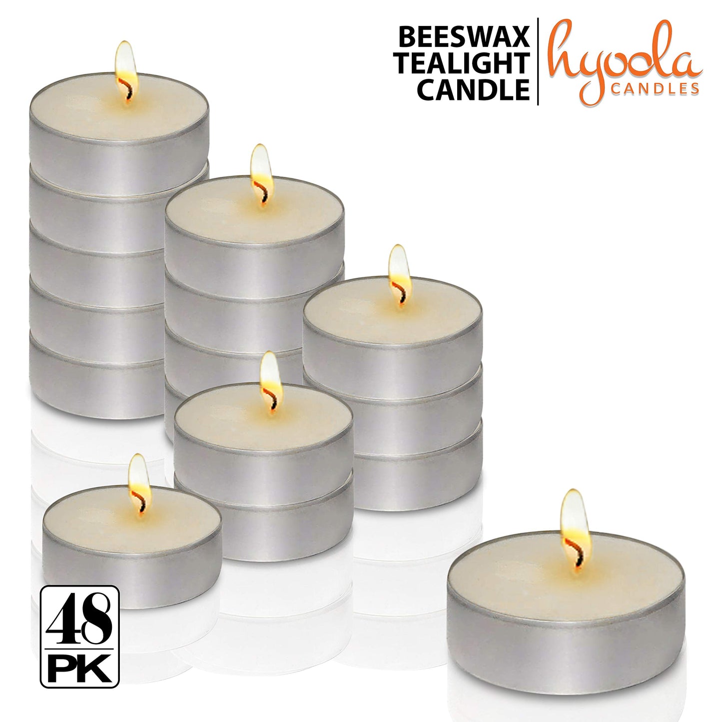 HYOOLA White Beeswax Tealight Candles in Aluminum Cup - 48 Pack - 100% Pure Natural Beeswax Candles