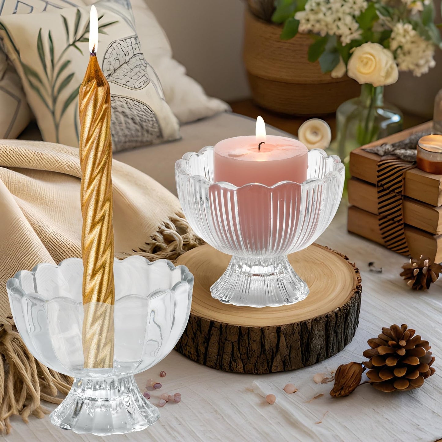ANWONE Glass Tealight Candle Holder Set of 6, Clear Candle Holders with Tea Lights, for Floating Candles, Pillar Candles, Votive Candles, Table Decor for Wedding Birthday Party