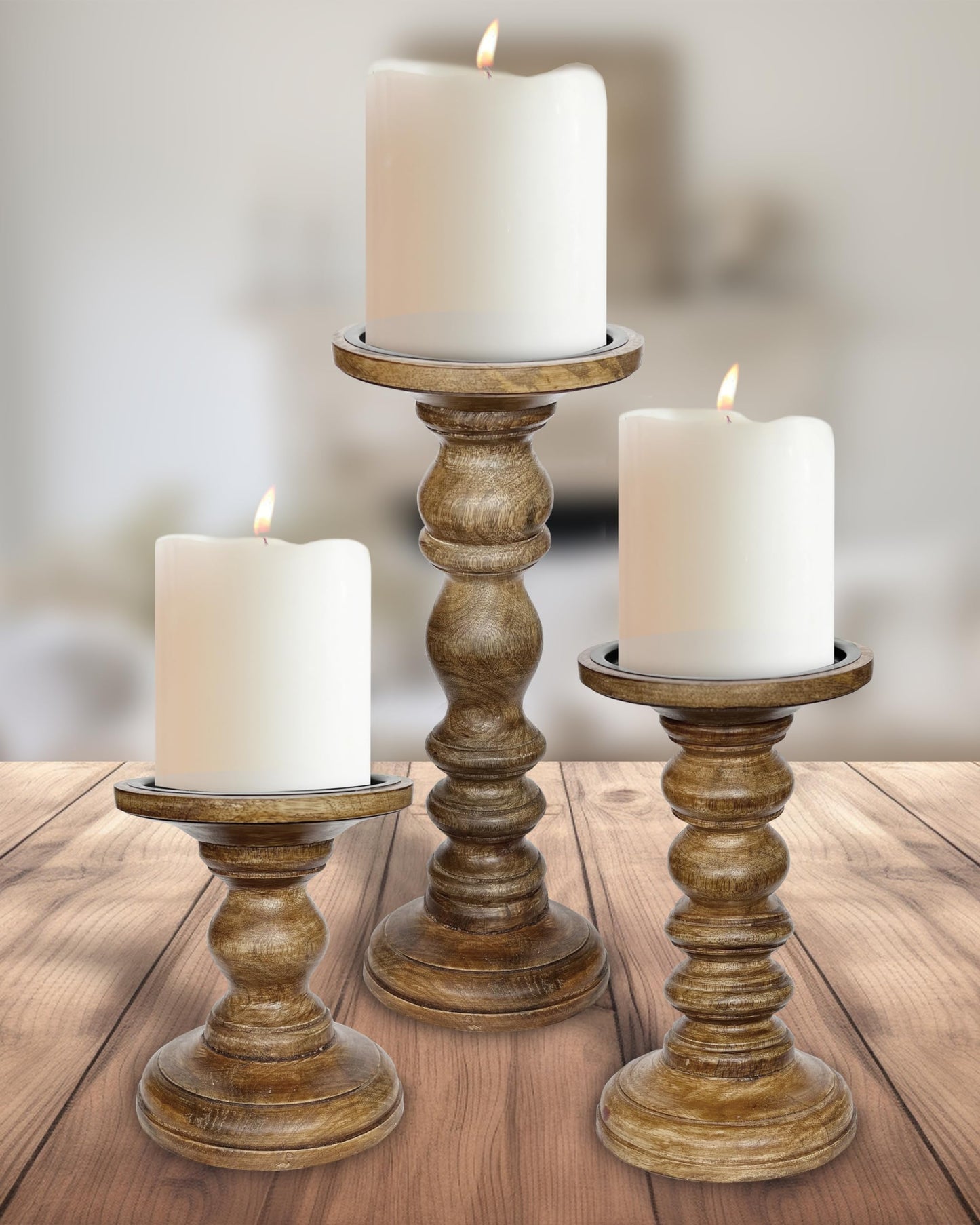 My Fancy Farmhouse Large Wood Candle Holders (Set of 3) - Tall Rustic Pillar Candlestick Stands - Fits 4 inch & 3 inch Pillar Candles - Modern Farmhouse Decor (Walnut Brown)