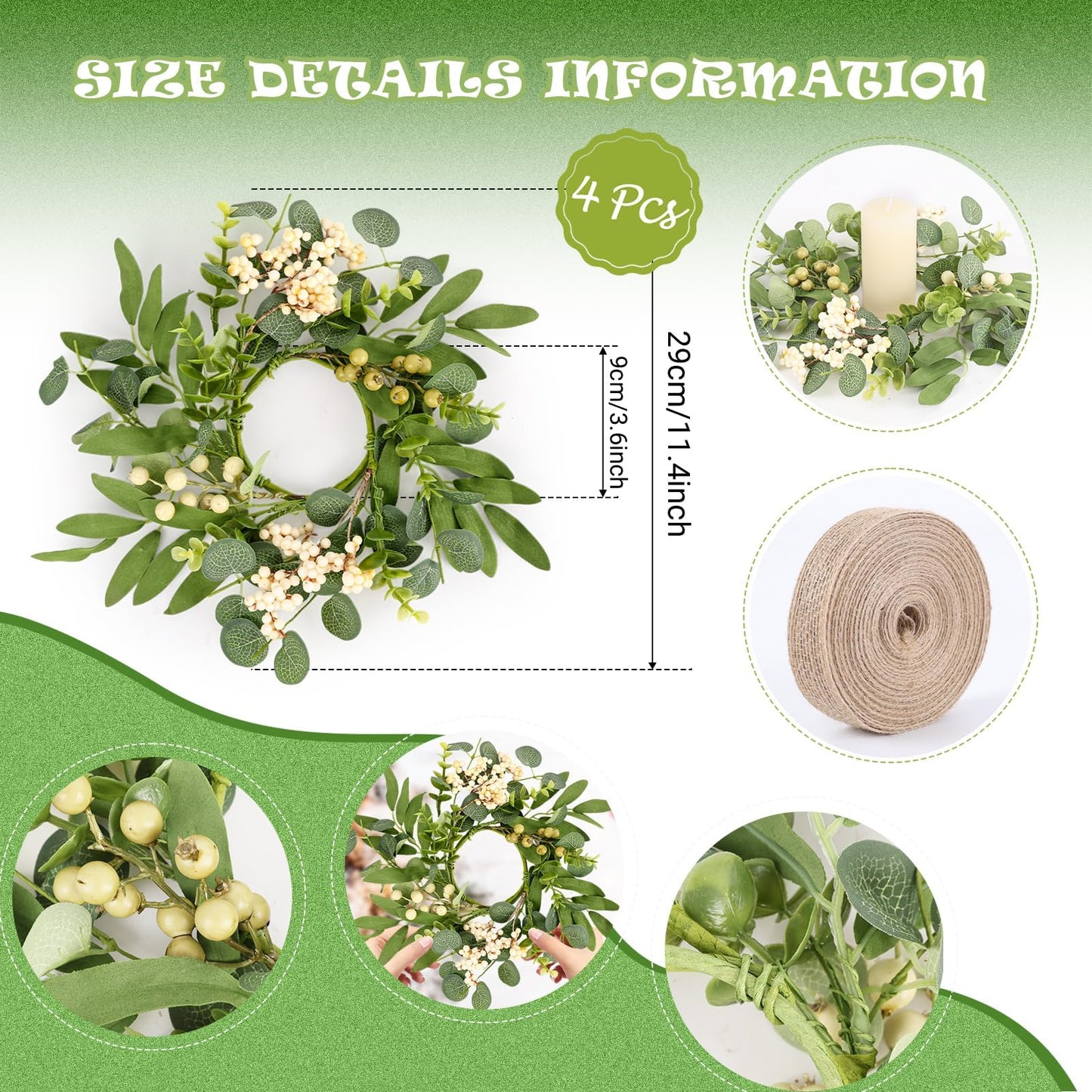 4 Pcs Green Eucalyptus Swag Wreaths for Pillars Spring Summer Kitchen Cabinet Wreaths Mini Green Berry Leaves Wreath with Ribbon for Front Door Porch Wall Window Farmhouse Decoration