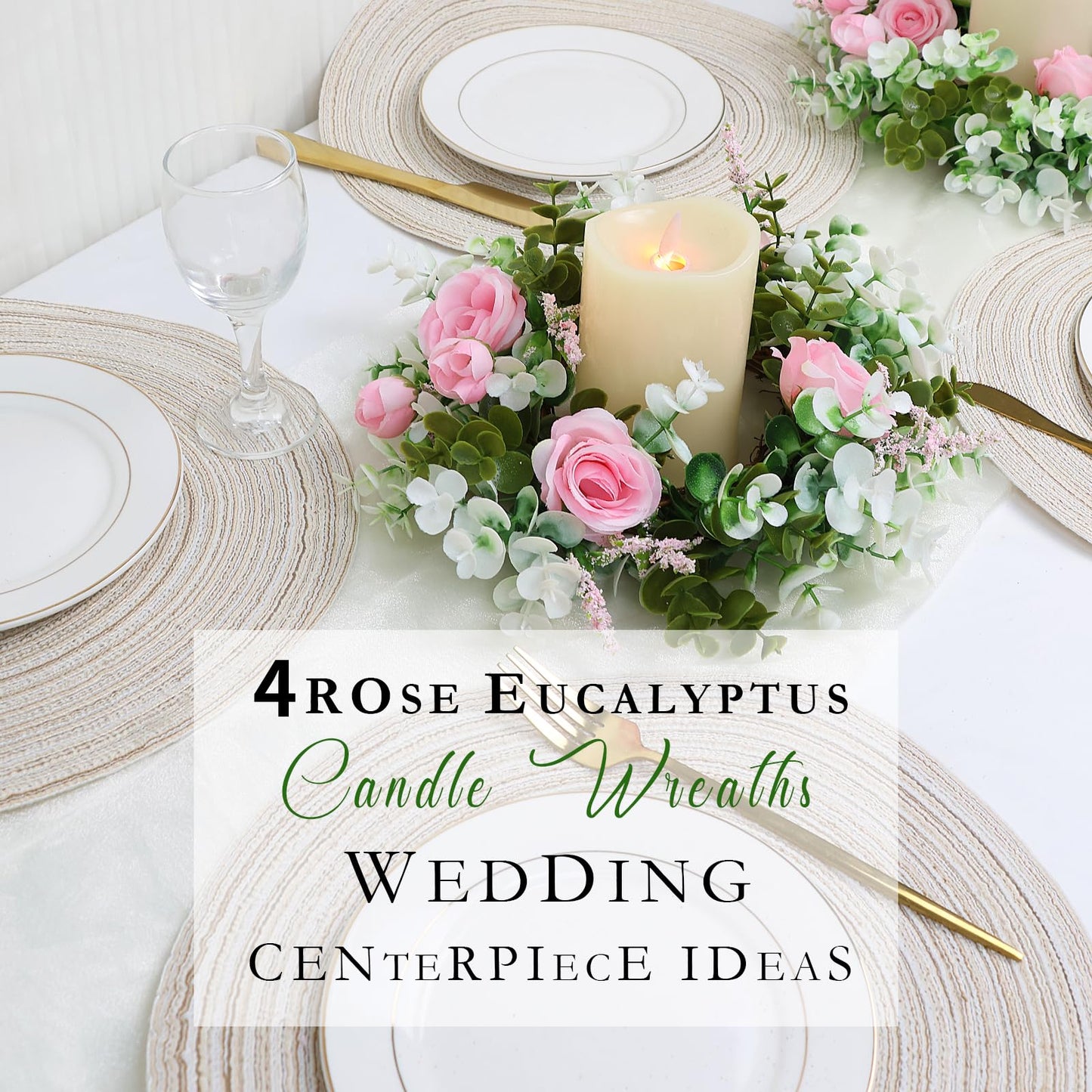 Acmee 4 Pcs Rose Candle Rings - Artificial Pink Floral Wreaths with Eucalyptus Leaves Greenery Garland for Pillar Candleholders Wedding Centerpiece Party Home Table Decor