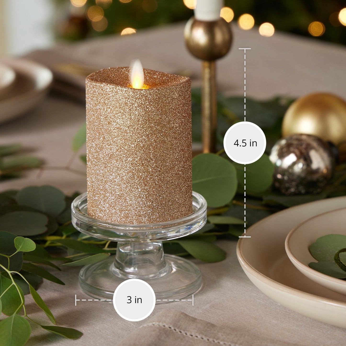 Luminara Realistic LED Moving Flame Pillar Candle, Gold Metallic Glitter, 3" x 4.5" Inch, Battery Operated w/Remote, Indoor Outdoor, Timer Function