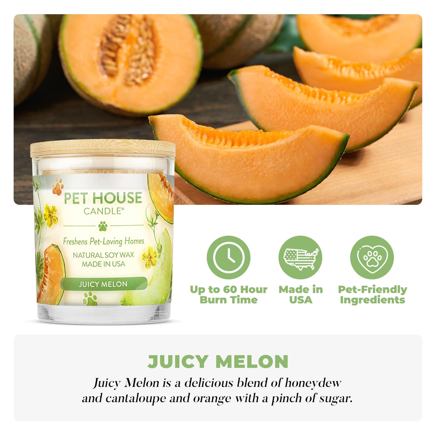 Pet House Candles, Natural Plant-Based, Long Lasting Candles for Pet Odor, 60 Hour Burn Time - Juicy Melon, 9 oz