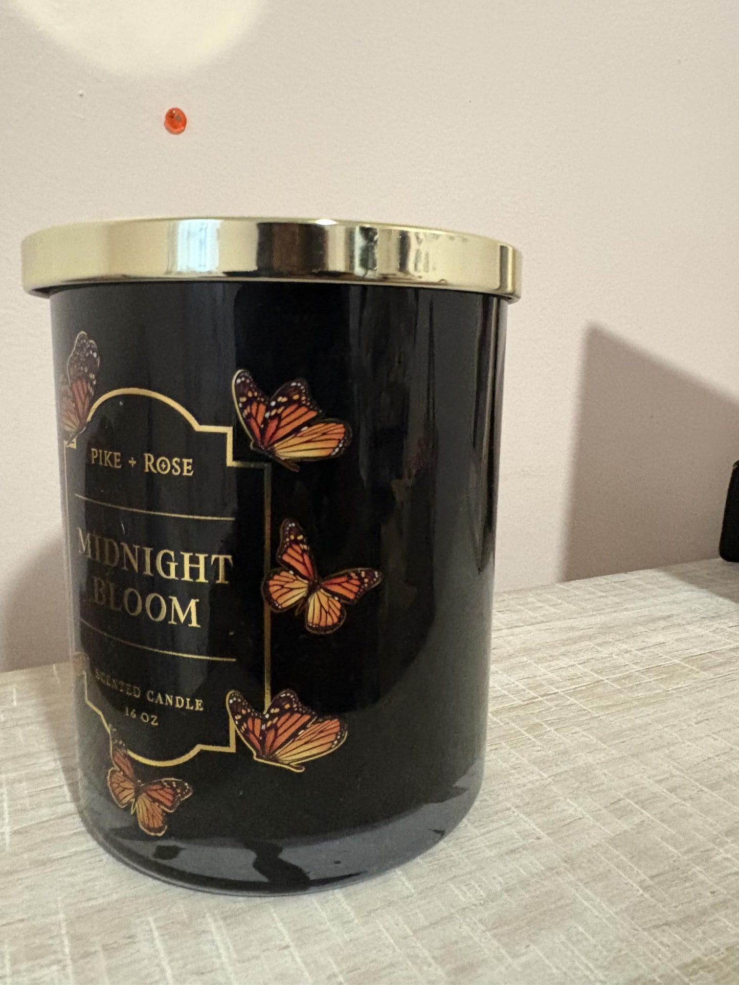 Pike + Rose Midnight Bloom Scented Soy Wax Candle, Black Glass Jar with Butterfly Design, 16 Oz