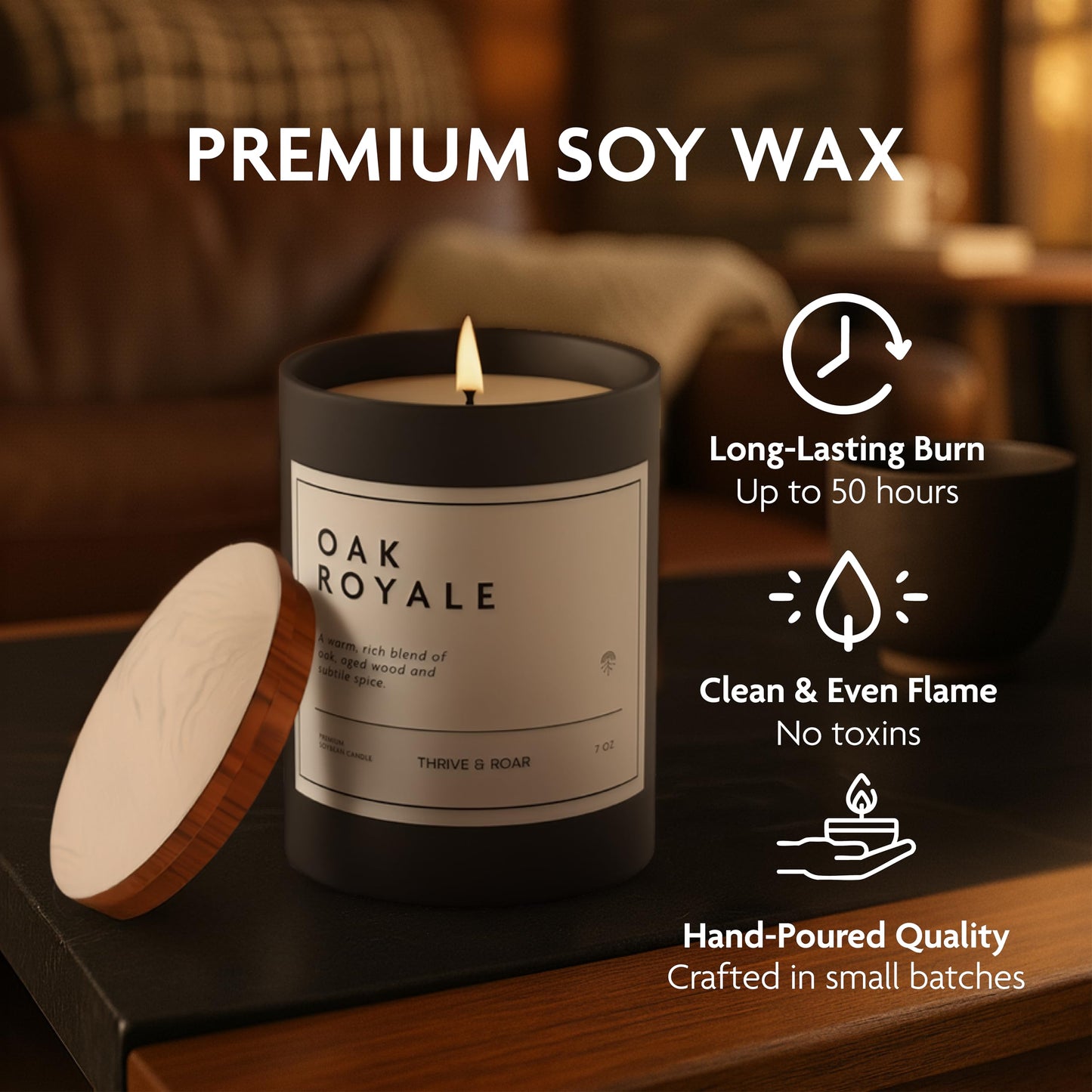 Thrive & Roar - Oak Royale Premium Scented Candle for Men – 7oz Long Lasting, Soy Wax Aromatherapy Candle for Home Scented, Masculine Aroma, Office Decor, Man Cave Decor, Men's Gift