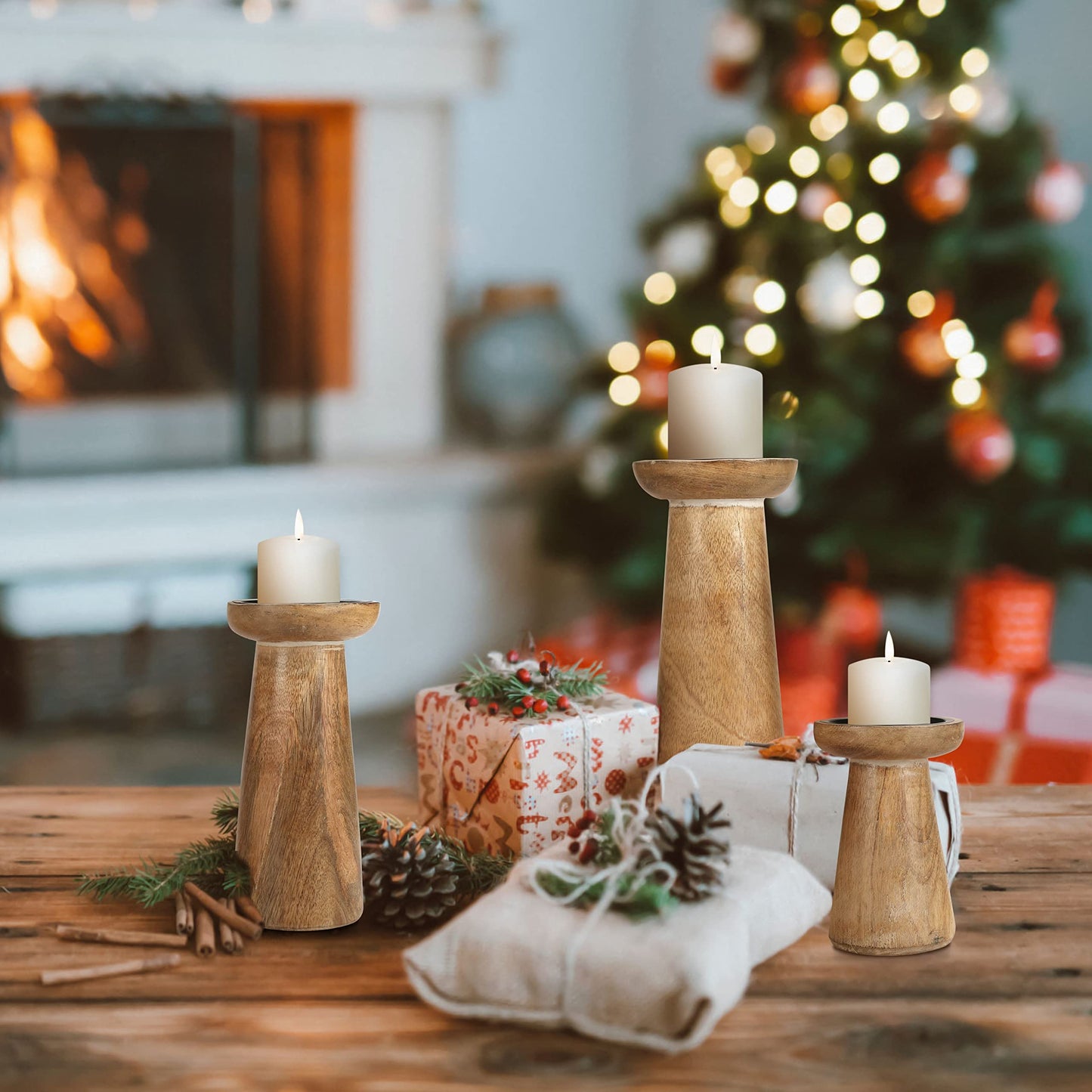 Hand Crafted Wooden Pillar Candle Holder Set of 3, Ideal for LED and Pillar Candle, Gift for Wedding, Christmas, Party, Home, Spa, Reiki, Aromatherapy, Votive Candle Garden - 10,8,6 Inch - White Wash