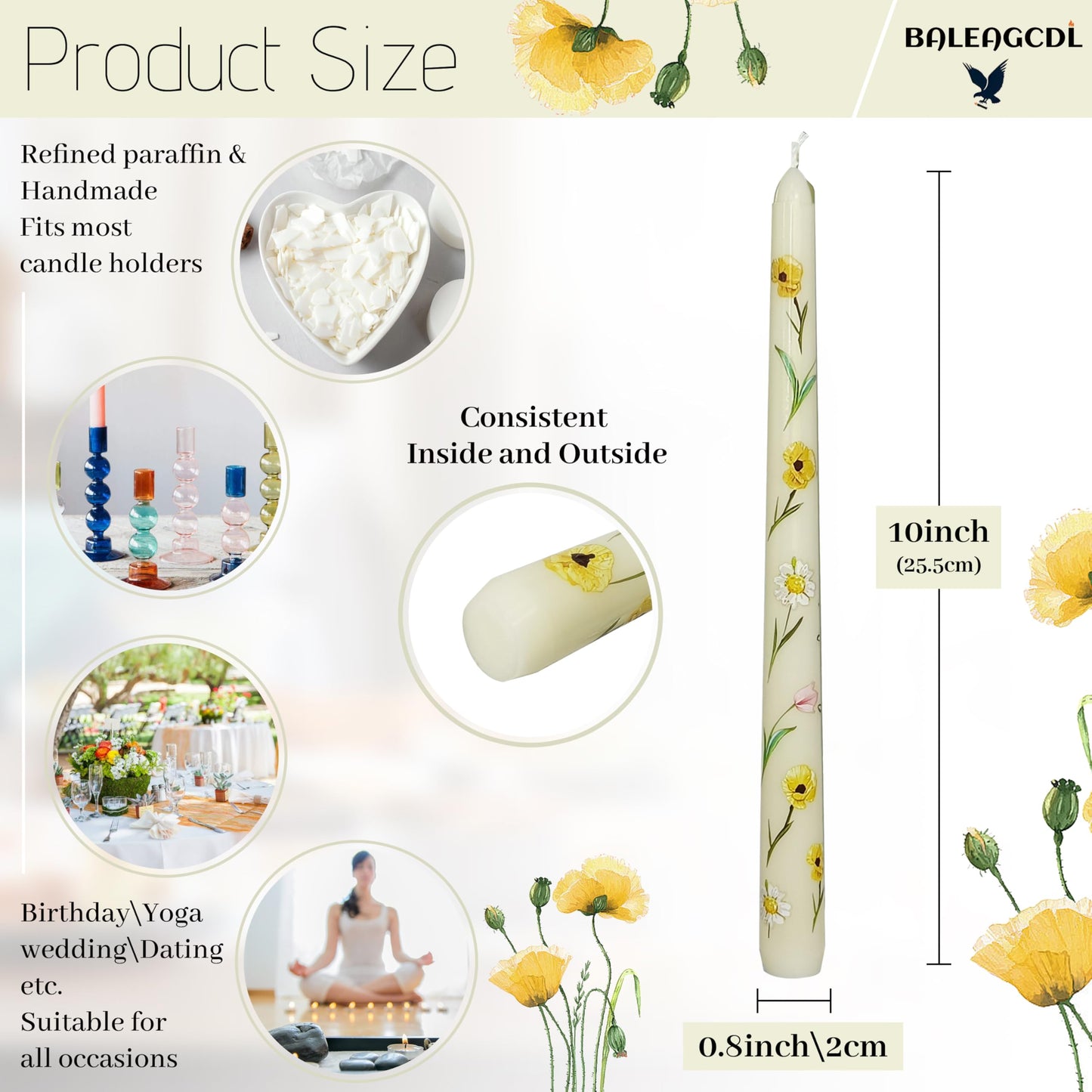 Baleagcdl Floral Printed Taper Candle Ivory with Poppy Flower Prints Candlesticks 10 Inch Handmade Drip Candle Sticks for Wedding Home Holiday Decor Gifts - Set of 2