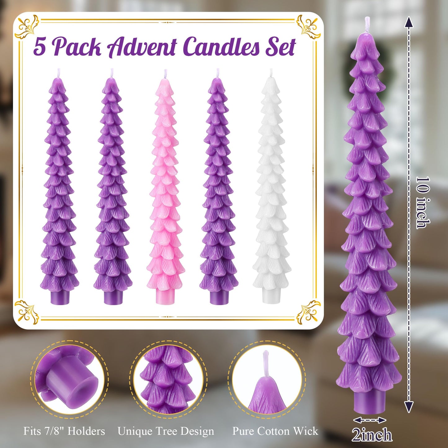 Enhon 5 Pcs Advent Candles Set, 10 Inch Tree Shaped Taper Candles, Unscented Beeswax Christmas Advent Wreath Candle for Xmas, Holiday, Church, Party, or Home Decor (Purple,Pink,White Style)