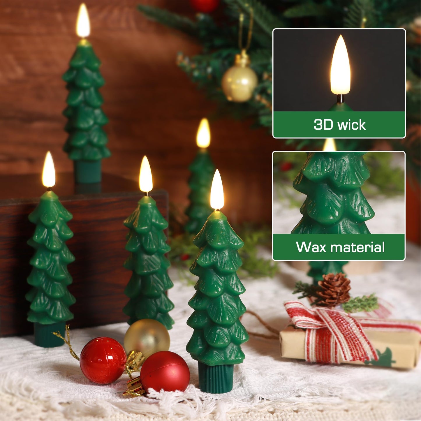 yunsheng 6Pcs Christmas Tree Candles with Remote Timer, Green Real Wax Flameless Taper Candles Flickering, 5 Inches Battery Operated LED Window Candle for Home Holiday Decor