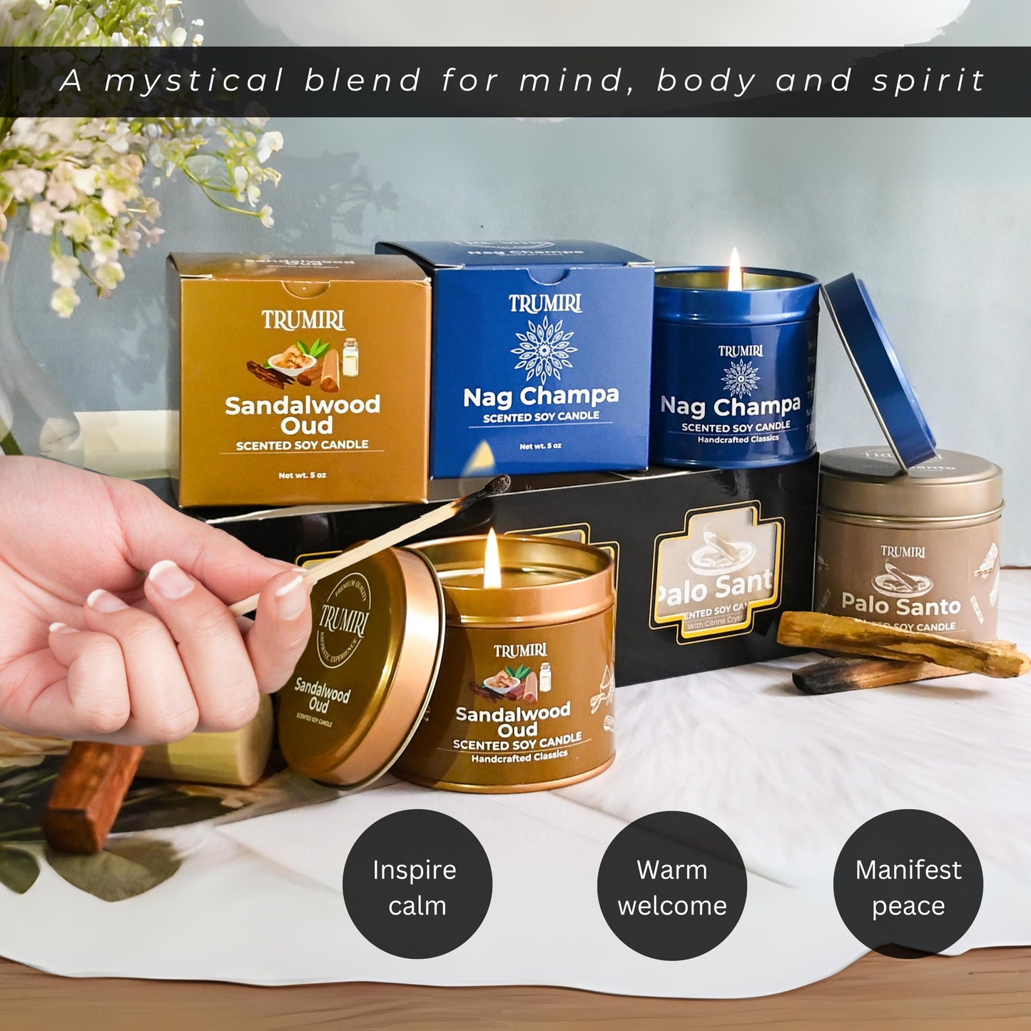 Palo Santo, Nag Champa, Sandalwood Oud - Soy Candles Non Toxic - Highly Scented Long Lasting with Essential Oils - Variety Pack of 3 x 5oz - for Home Aromatherapy Meditation Gift Travel