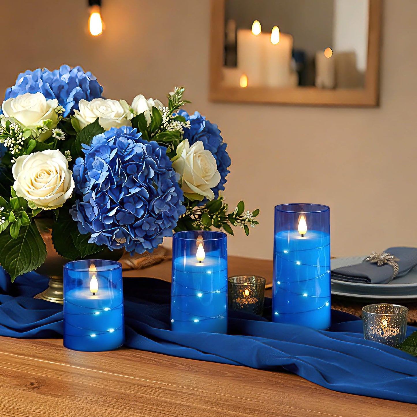 Homemory Flameless Candles with Embedded Star String Fairy Lights, Battery Operated Candles, LED Candle, Fake Candles with Remote Control and Timer, Blue, Set of 3(H 4" 5" 6”)
