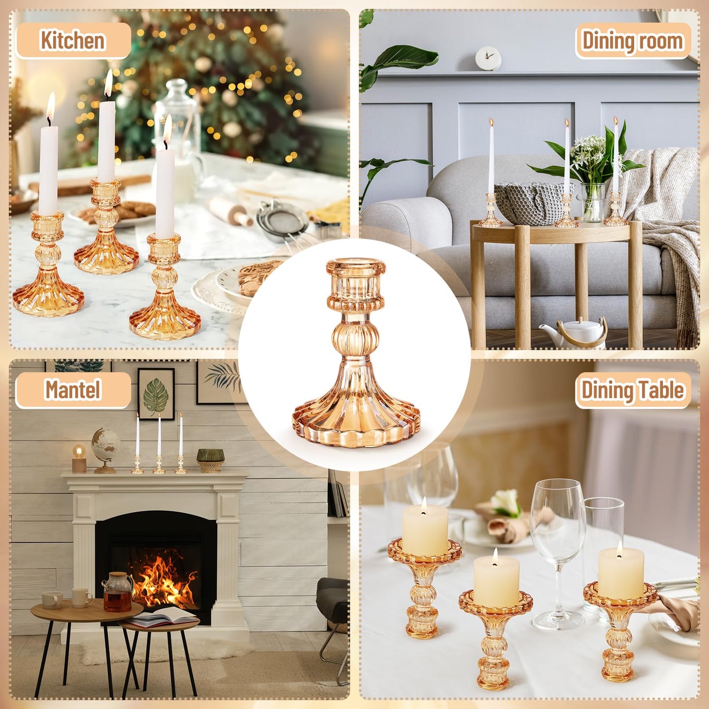 Maxcheck Set of 6 Candlestick Holders Taper Glass Candle Holder Decorative Candle Stand for Wedding Christmas Party Table Centerpiece Anniversary Festival Home Decor(Amber)