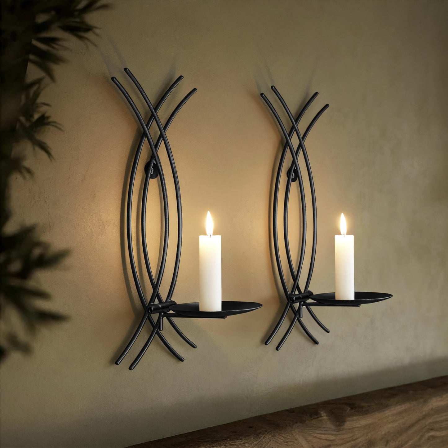 SEICASAYA Wall Sconce Candle Holder Set of 2, Modern Forged Metal Iron Decorative Wall Art for Living Room (Black)