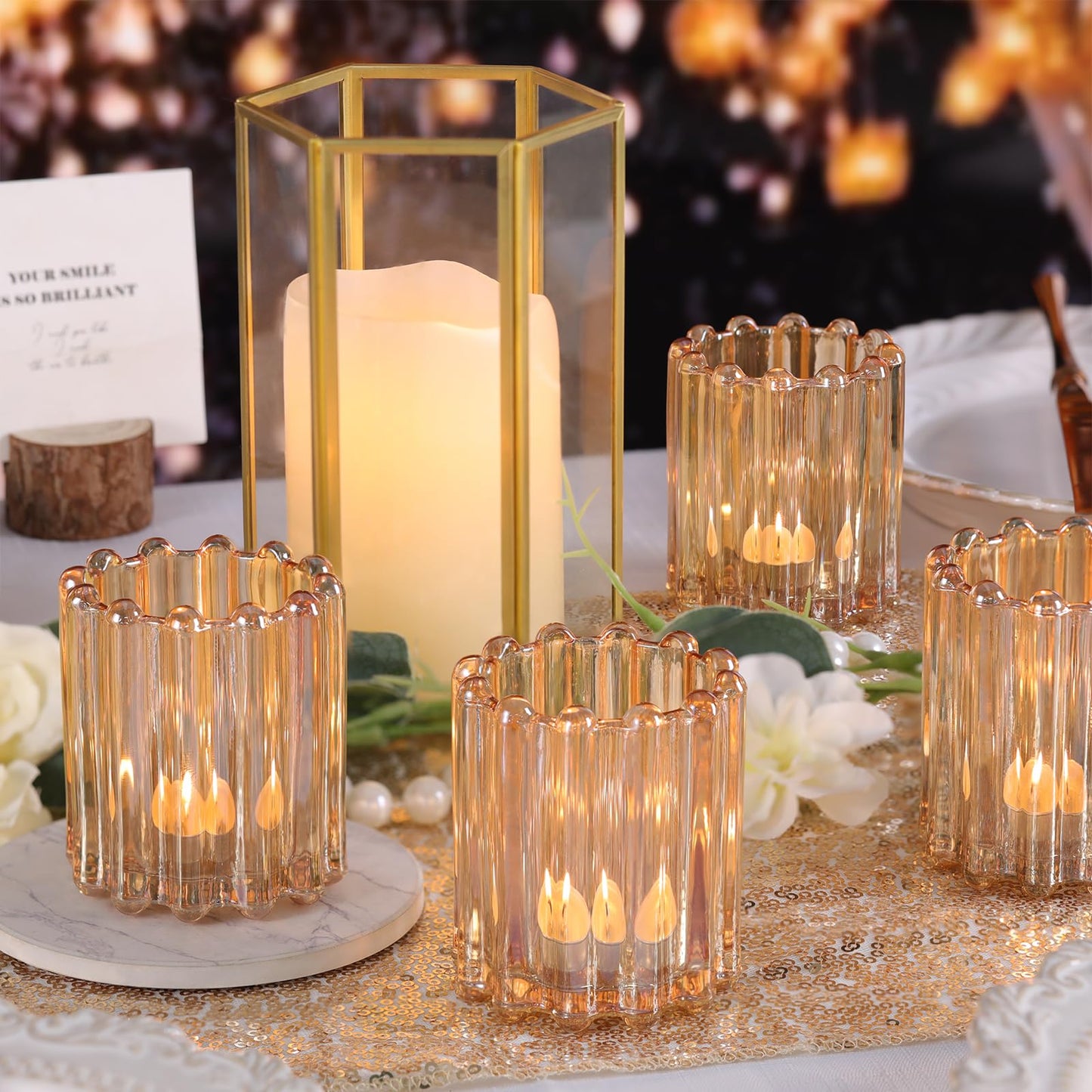HAVITI Glass Gold Votive Candle Holder, Ribbed Votive Candle Holders Set of 12, Tealight Candle Holder for Wedding Centerpieces Dinner Party Table Decor