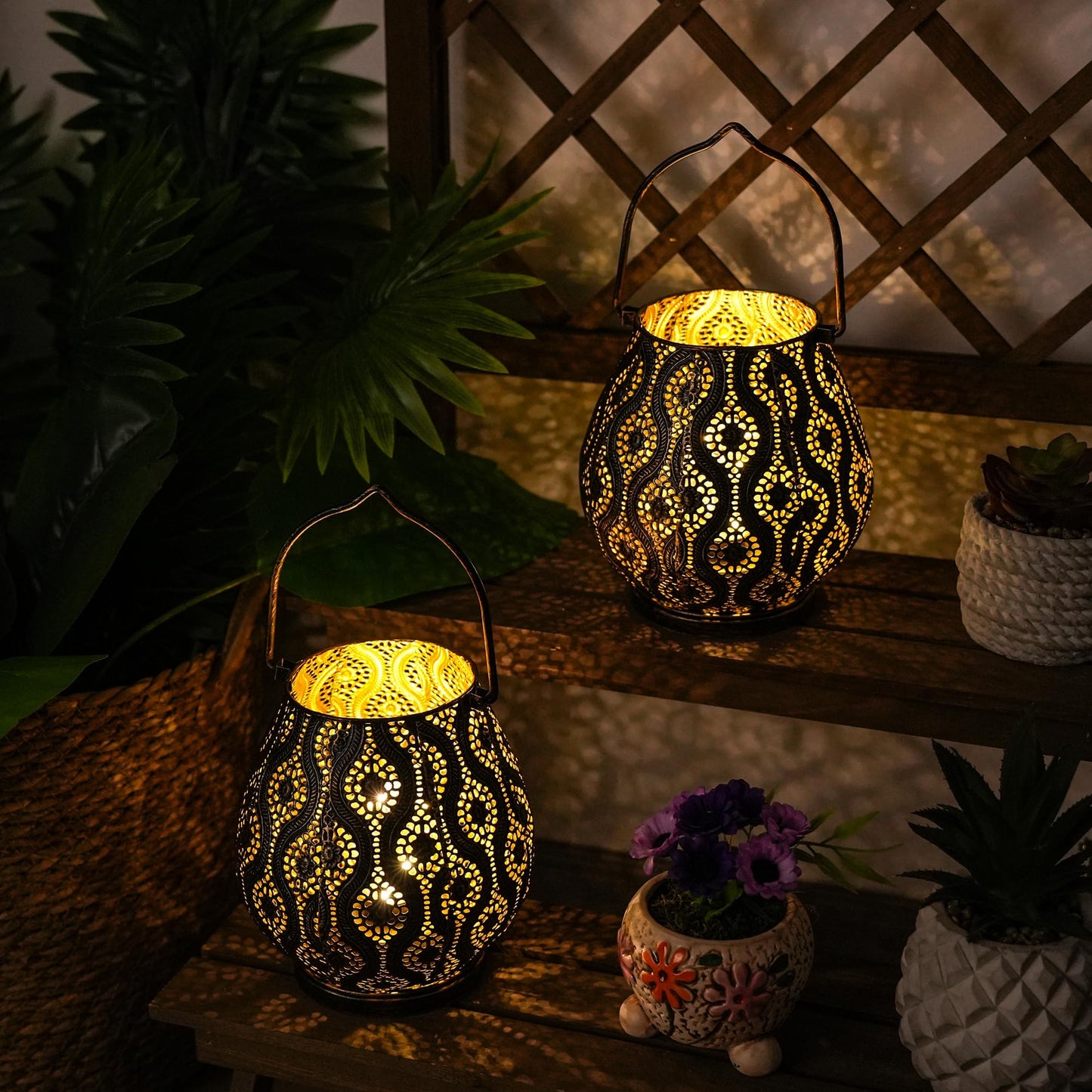 TRIROCKS Set of 2 Moroccan Decorative Lamps 8'' High Cordless Lamp Metal Table Lamps with Fairy Lights Bulb for Home Living Room Garden Yard Party Events Tabletop Indoor Outdoor(Black)