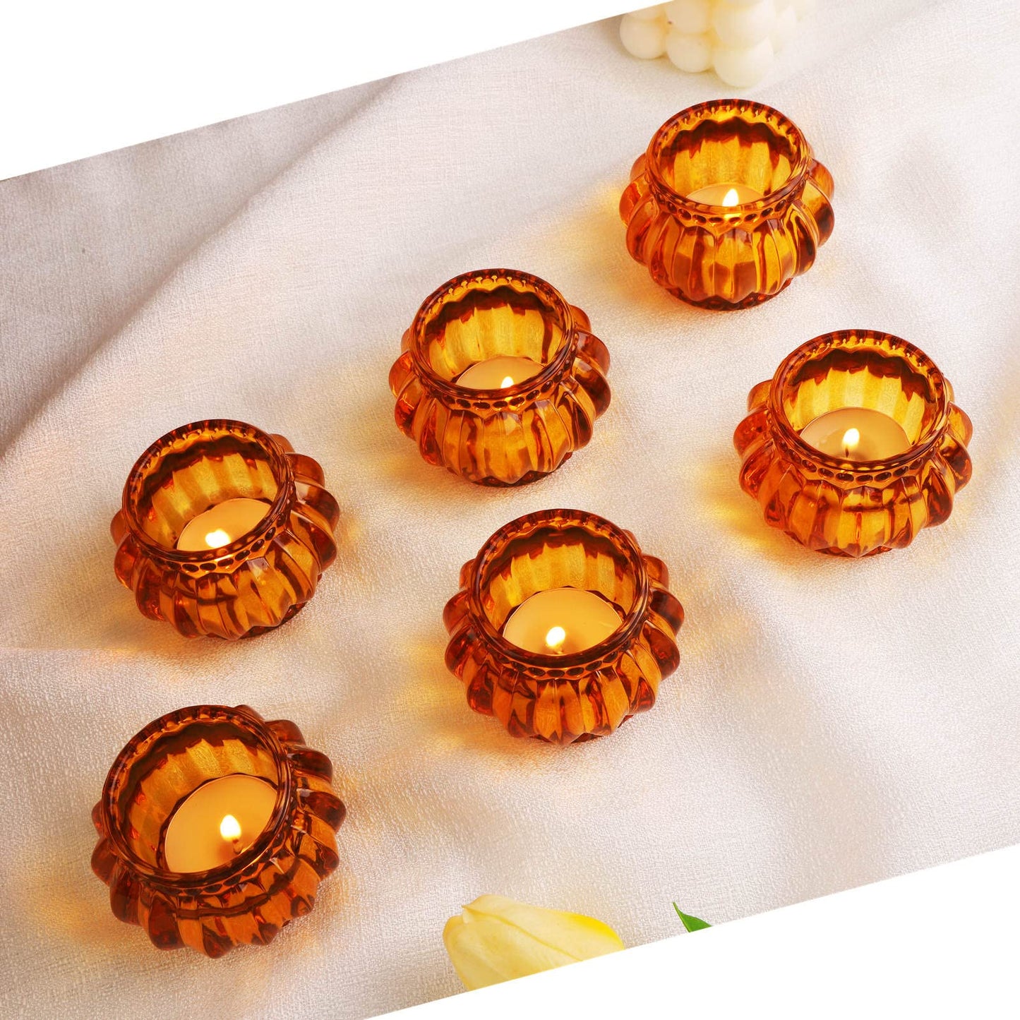 Woho Amber Tealight Candle Holder Set of 6, Tea Lights Candle Holder for Wedding Table, Glass Candle Holders Bulk for Home Decor