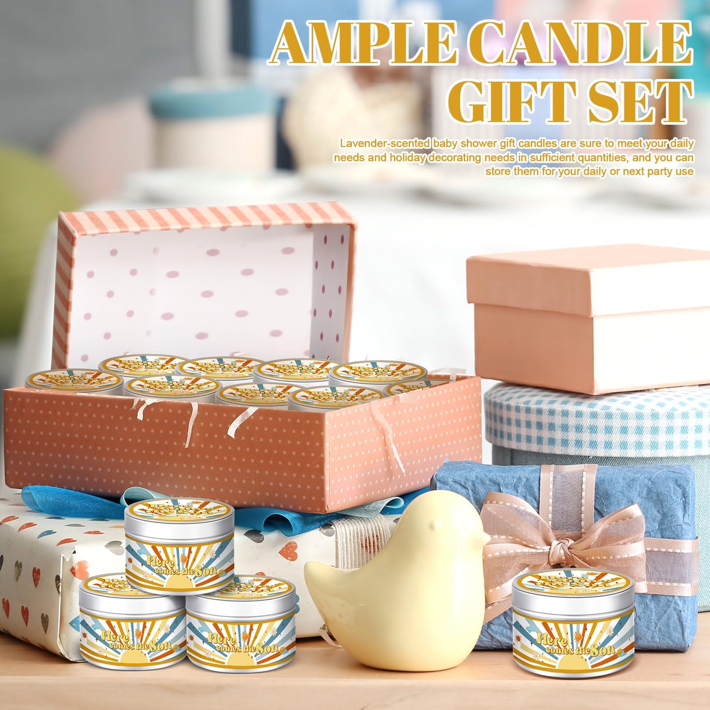 MTLEE 24 Pcs Here Comes The Son Baby Shower Party Favors Candles Lavender Scented Baby Shower Favors for Guests Rustic Tealights Candles Gender Reveal Return Gifts (1.2 oz, Yellow)