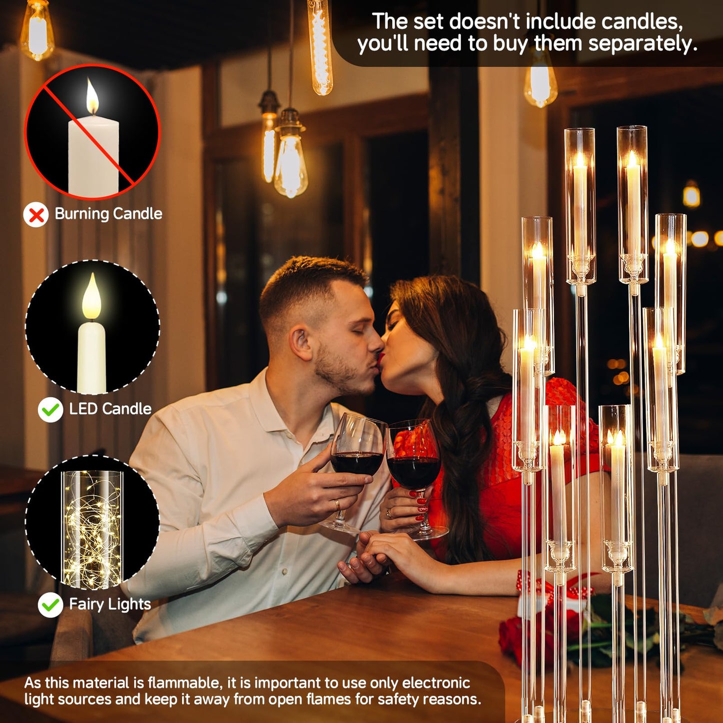 8 Arms Acrylic Candelabra Centerpieces for Wedding Table Decorations,38.5'' Tall Clear Candlesticks Holder with Acrylic Shade for Valentine's Day Dinner Party Fireplace Gift,Fits LED Candles