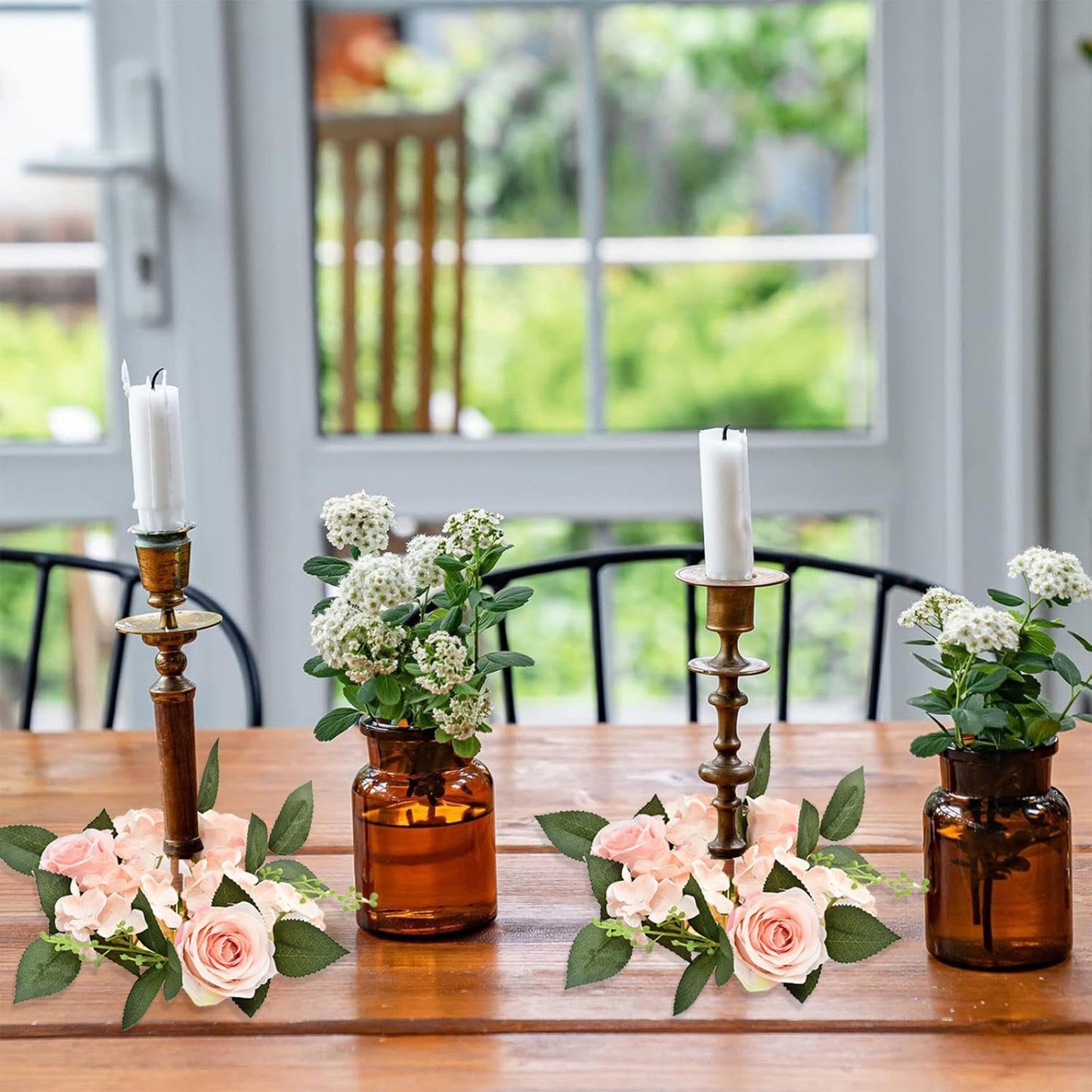 2PCS Artificial Roses Candle Rings Wreaths 4 Inch Center for Pillars Wedding Centerpiece Table Decorations Fake Rose Eucalyptus Leaves Floral Candle Ring for Holiday Party Supplies (Pink)