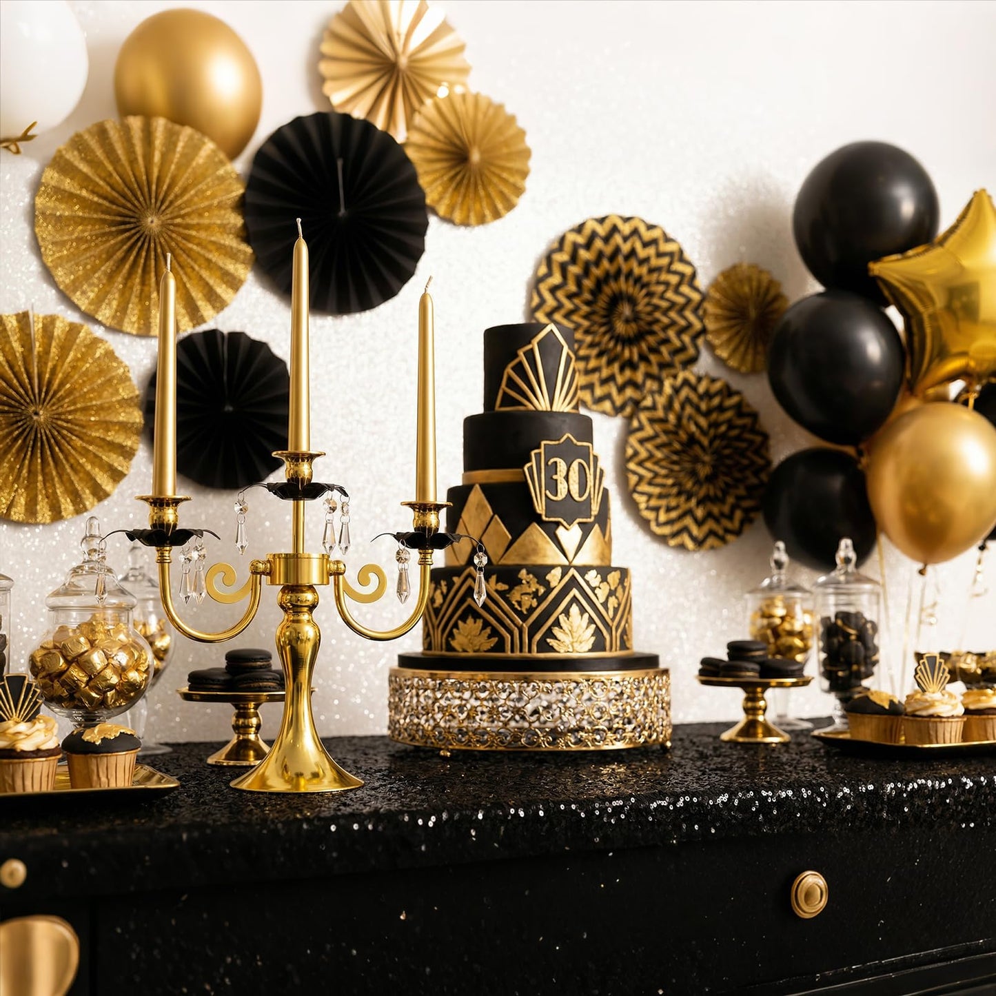 2 Pcs 3 Arm Black and Gold Metal Candelabra with Crystal Pendants - 11.8 Inch Tall Candle Holders, Elegant Taper Candlestick Stand for Wedding, Dining Table, Christmas Party Home Decoration