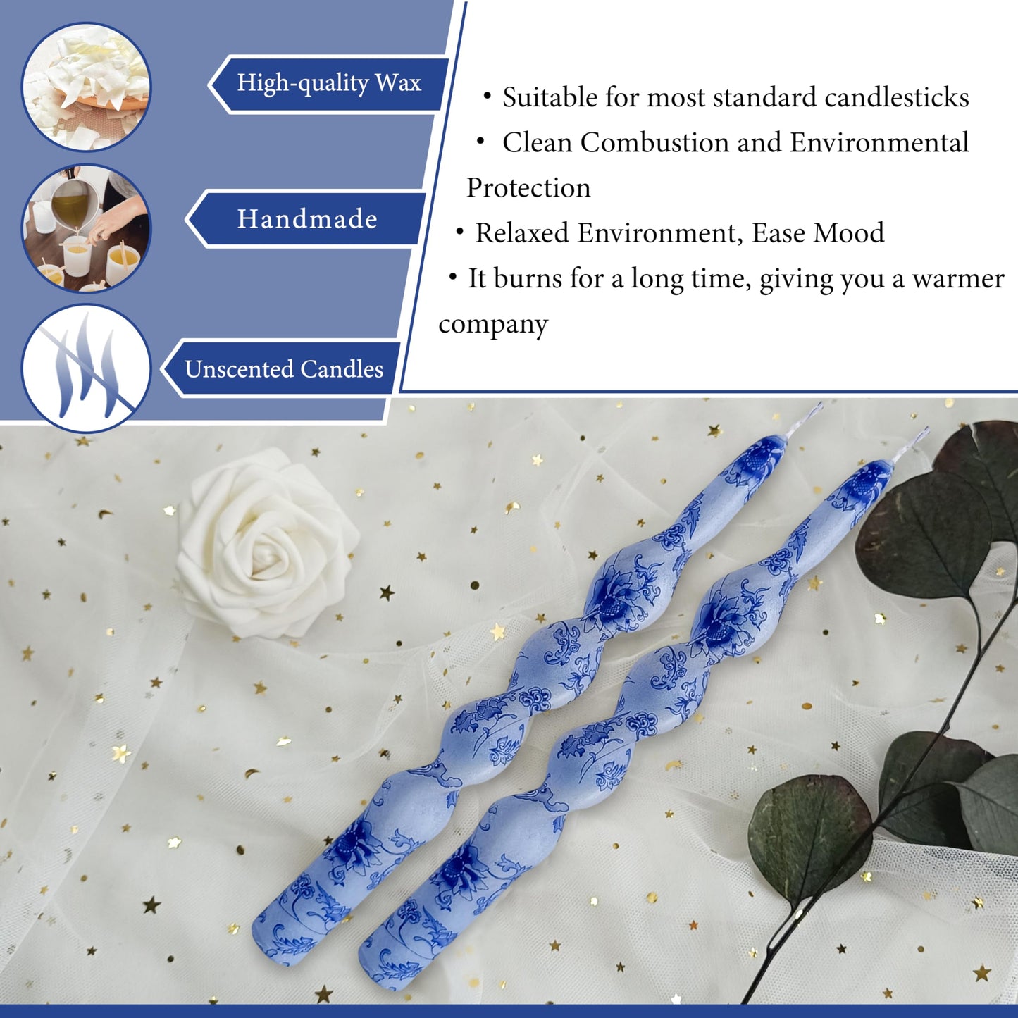 Flowers Printed Spiral Candles Unscented Blue Twisted Candlestick Smokeless Set of 2 Long Taper Candle 10 inch Twisted Candle Sticks Tapered Candles for Home Wedding Dinner Holiday Party