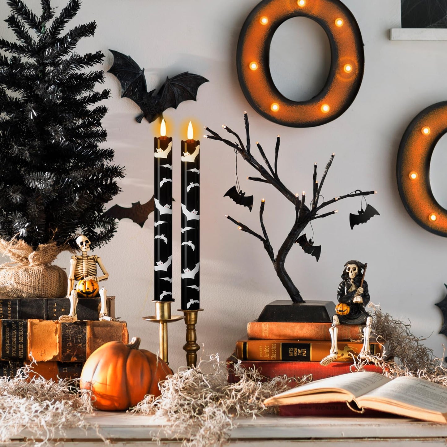 Eldnacele Flameless Flickering Taper Candles with Remote and Timer, Battery Operated Bats Decal Real Wax Black LED Window Candles Set of 4 Fireplace Spooky Halloween Holiday Decor