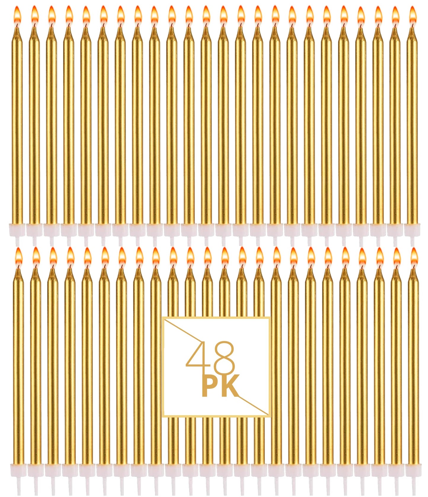 Bundaloo Gold Birthday Candles for Cake - Set of 48 with Plastic Holders - 5.5" Long, 0.20" Thickness