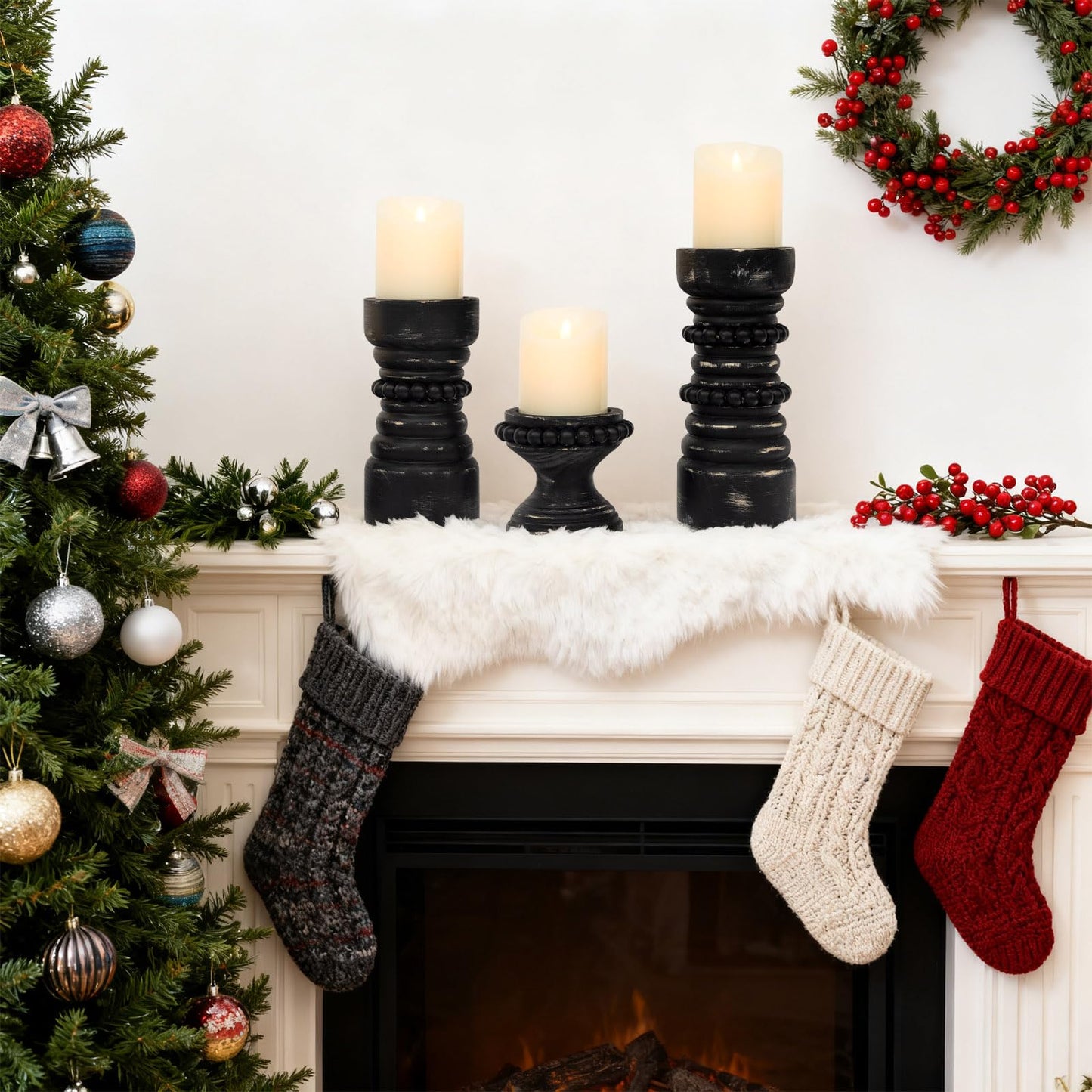 MODE HOME Rustic Black Wood Candle Holders Set of 3, Farmhouse Beaded Wood Pillar Candle Holder, Candle Holders for Pillar Candles & Candlesticks, Candle Sticks Holder Decor for Table Centerpiece