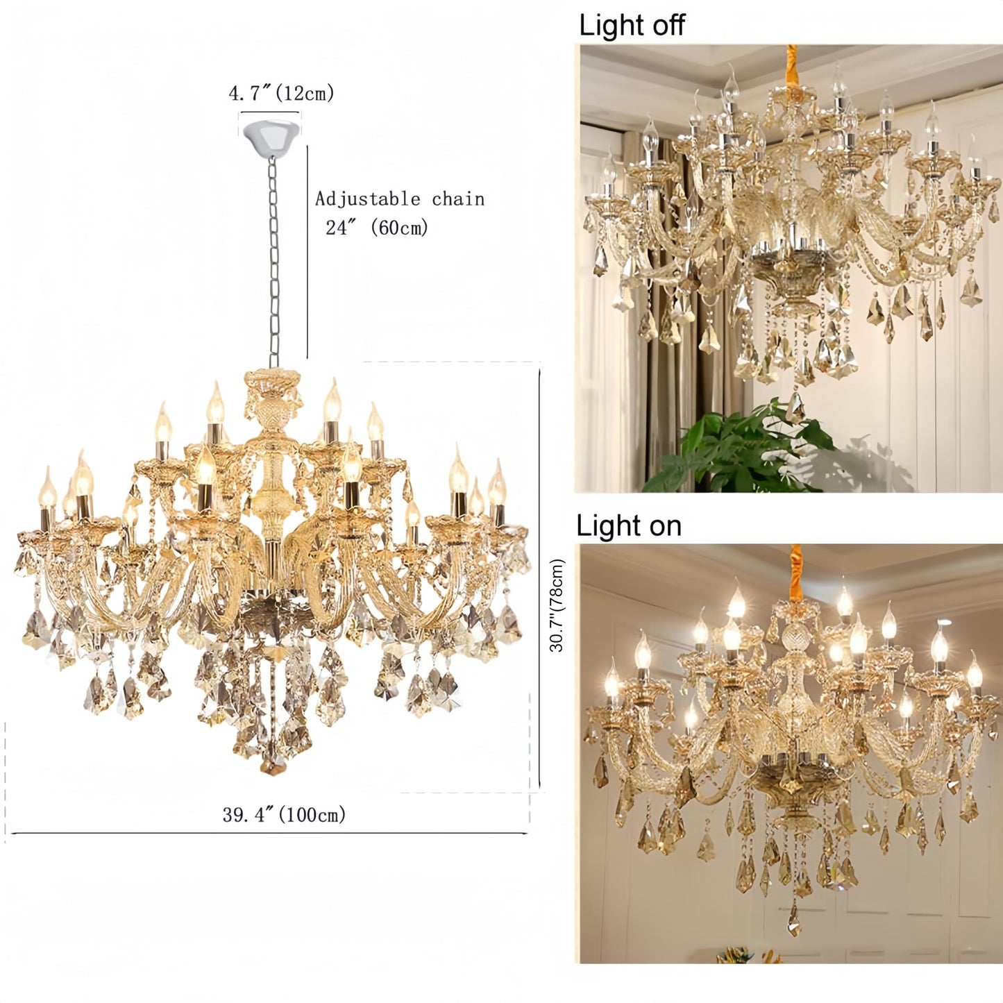 Durahonn Luxury Cognac Crystal Chandelier 18 Lights,Contemporary K9 Crystal Ceiling Chandelier Lighting Fixture Candle Style E12 Base for Dinning Living Room Bedroom Hallway (18 Lights)