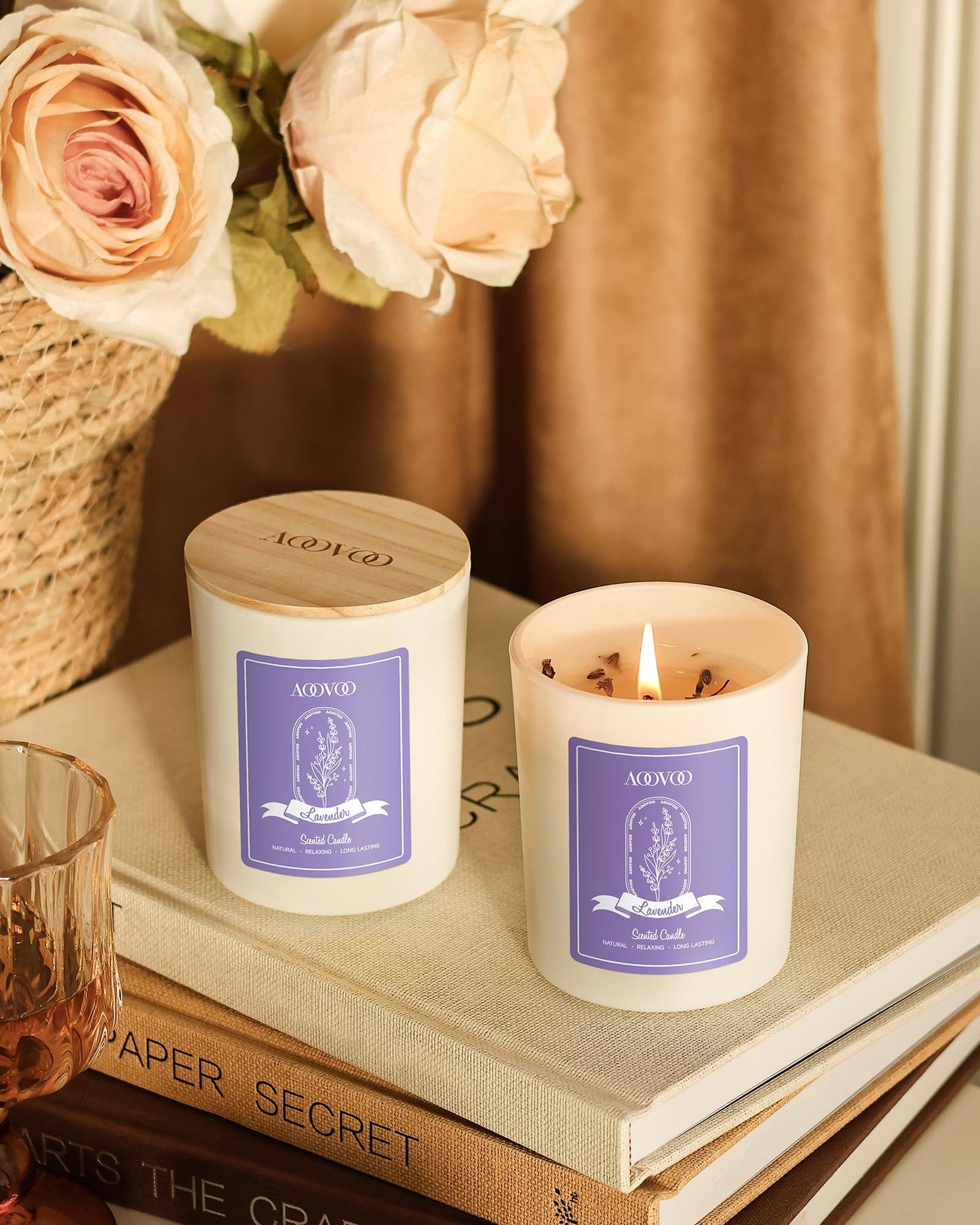 AOOVOO Lavender Candles Set for Women - 4 Pack Candles for Home Scented, Aromatherapy Candle with Crystals Inside, 28 oz 200 Hour Long Lasting, Birthday Gifts Mothers Day Candle for Women Mom