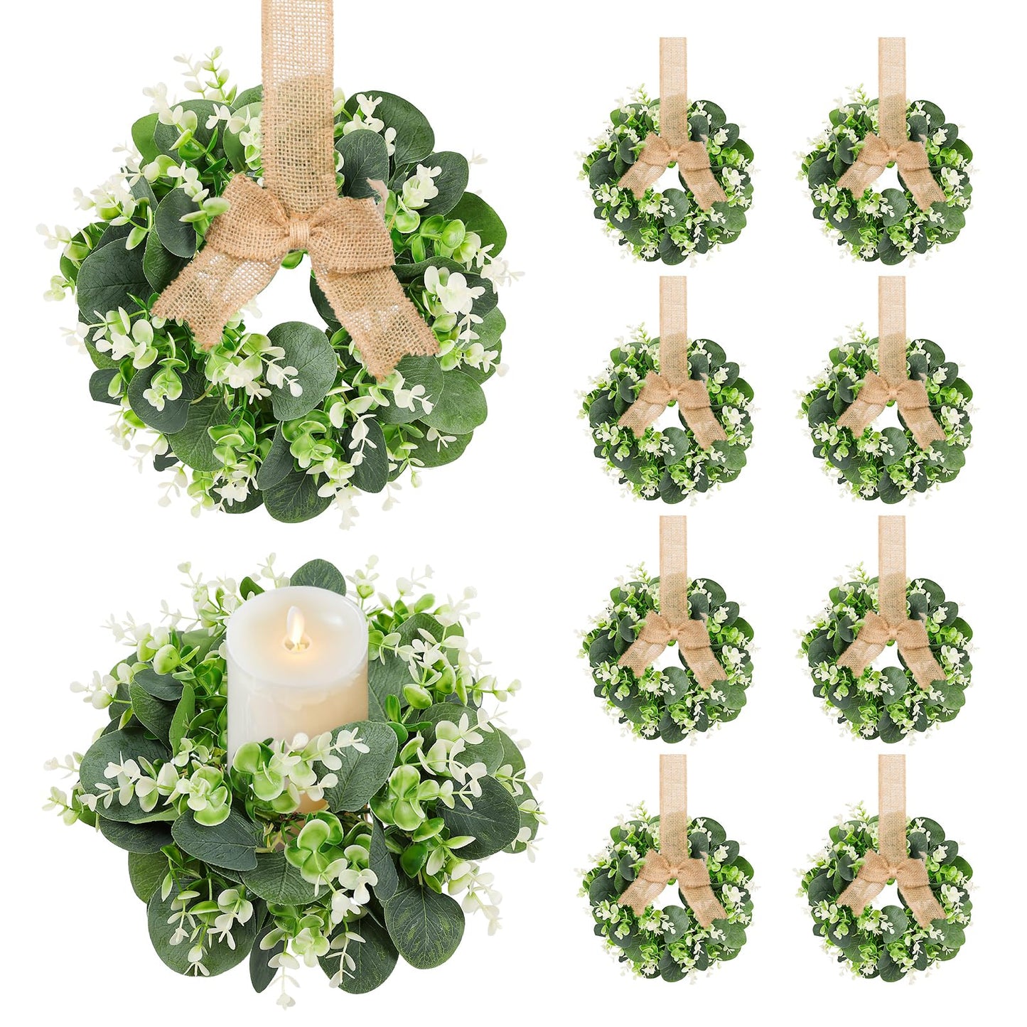 10PCS Eucalyptus Candle Rings Wreaths, Artificial Greenery Faux Kitchen Cabinet Wreath,Spring Wreath with Burlap Ribbon, Pillar Candle Holder Wreath for Porch Wall Window Farmhouse Wall Home Decor