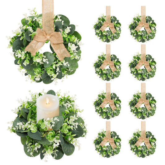10PCS Eucalyptus Candle Rings Wreaths, Artificial Greenery Faux Kitchen Cabinet Wreath,Spring Wreath with Burlap Ribbon, Pillar Candle Holder Wreath for Porch Wall Window Farmhouse Wall Home Decor