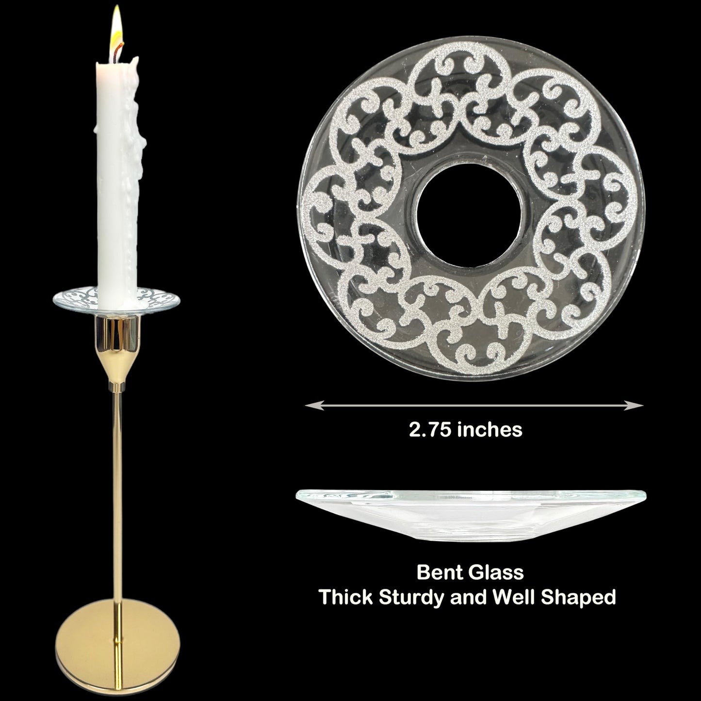 VGEUNA 4 Pieces Patterned Glass Bobeches for Candlestick Holder, Silver Glitter Design, Candle Drip Protector Guard, Wax Catcher Ring Accessories (Silver Glitter)