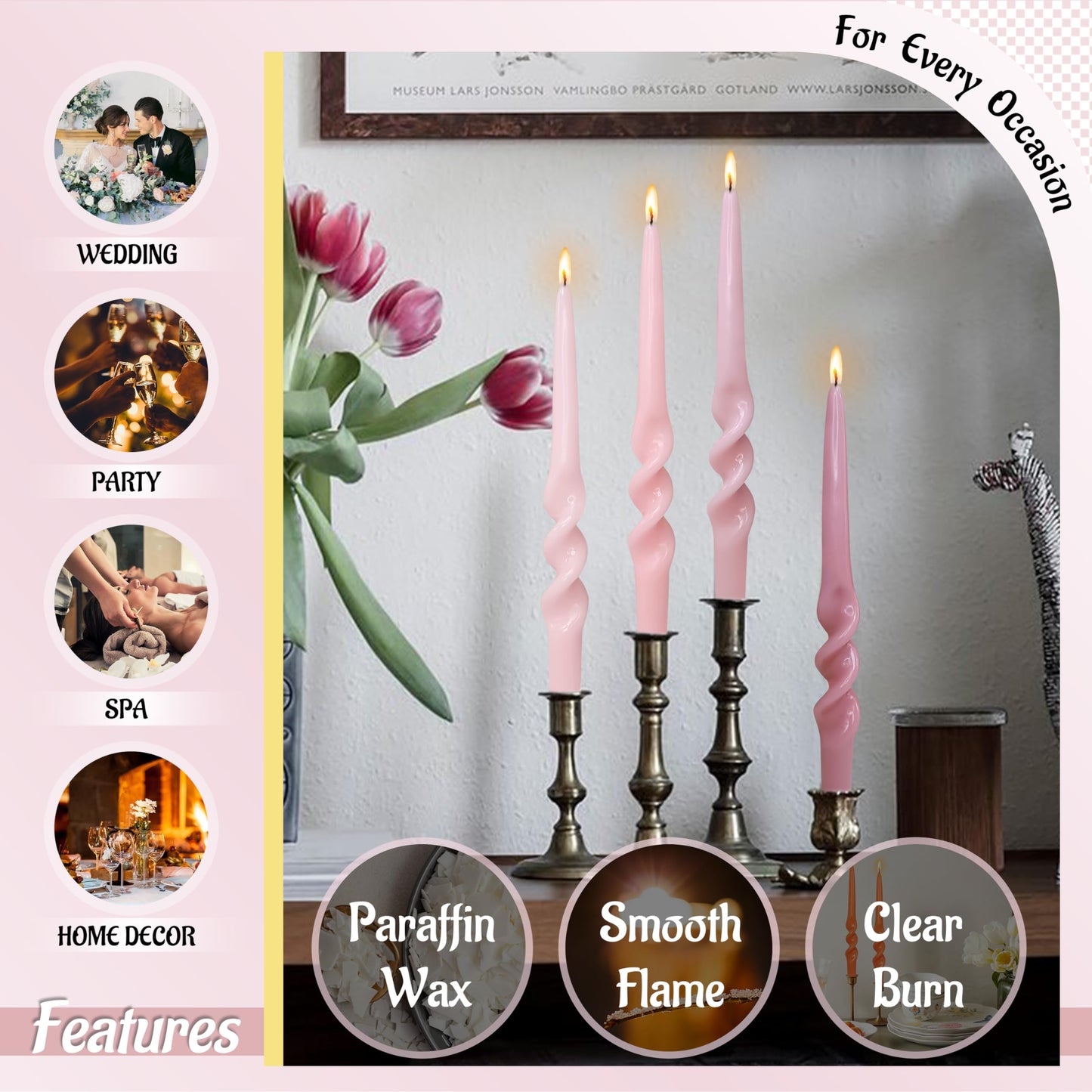 FLAMMUL Spiral Tapered Candles Gradient Pink Twisted Candlesticks 9.5 Inch Unscented Spiral Candle Sticks Smokeless Dinner Candlesticks for Party Home Decor 4 PCS