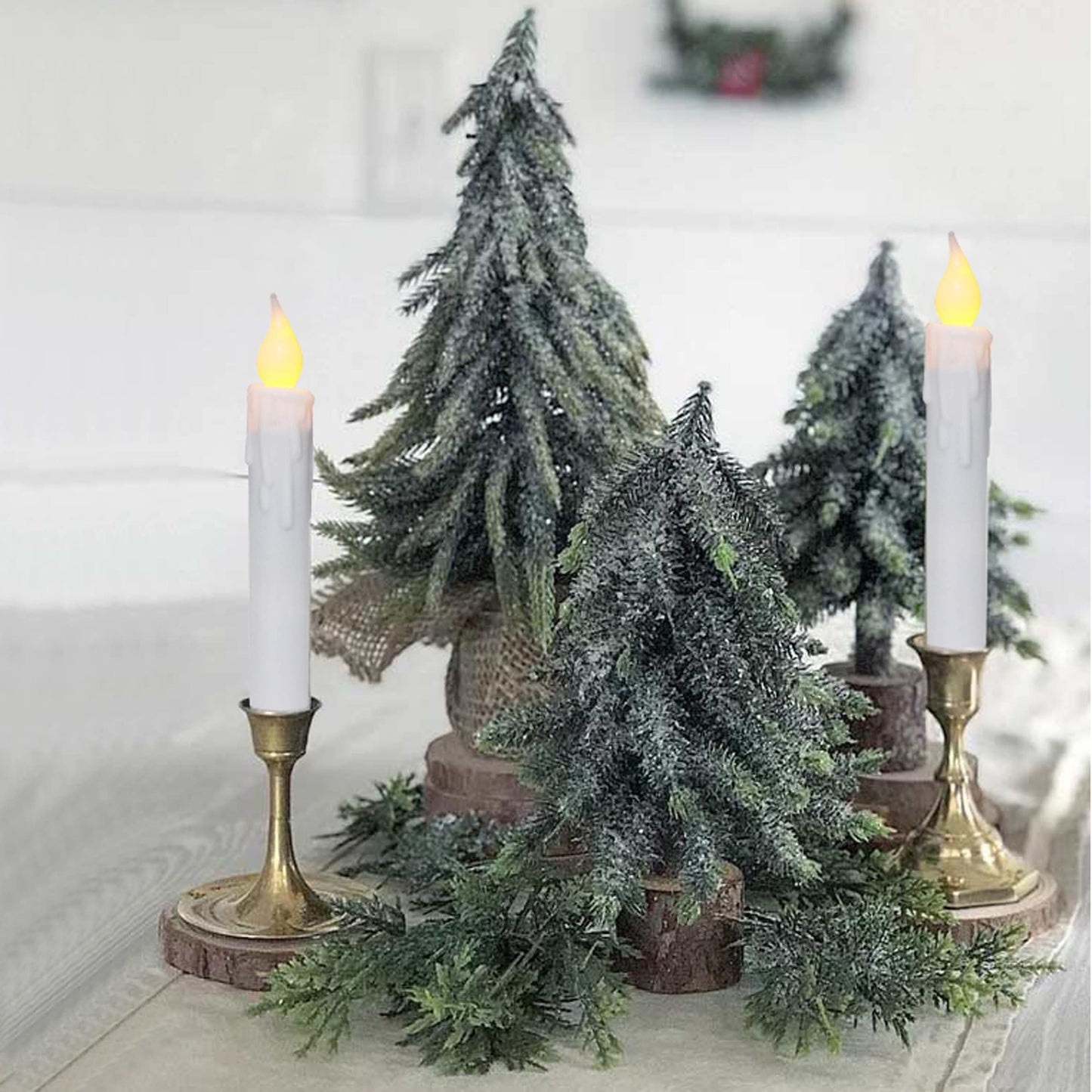 CVHOMEDECO. Flickering Taper Candles LED Drip Flameless Candles, Battery Operated with Timer, White, 6-3/4 Inch, Set of 4