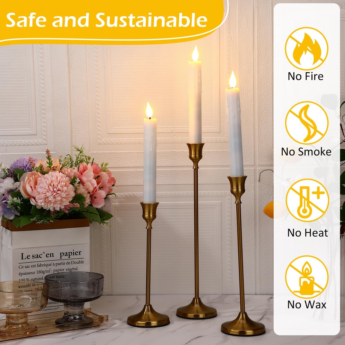 Baquler 50 Pcs 7.7 Inch White Flameless Taper Candles Dripless Battery Operated LED Flickering Candlesticks Window Candle with 3D Flickering Flame for Easter Home Wedding Church Decor