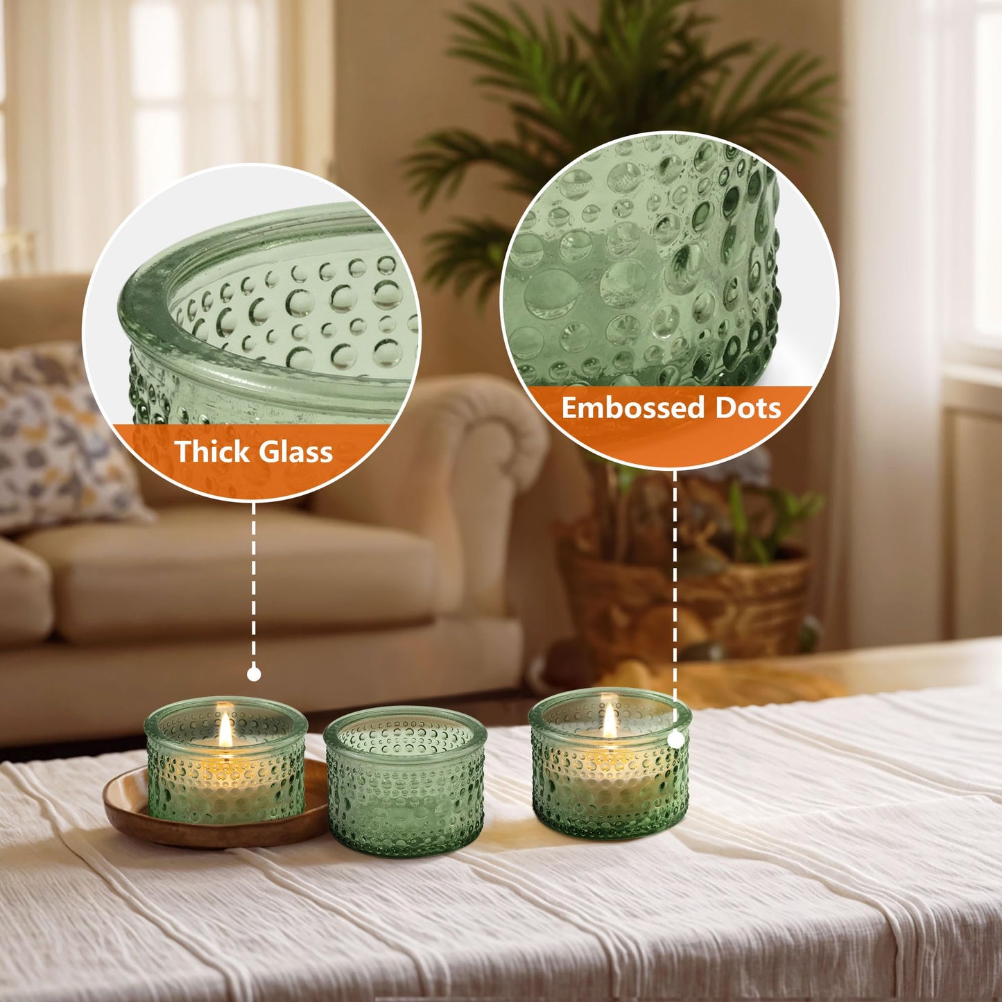 JOYIT Green Votive Candle Holders Bulk Set of 6, Tealight Candle Holder for Wedding Table Centerpiece, Glass Small Candle Holders for Birthday Party, Valentine's Day, Home Decor (2''X 1.4'')
